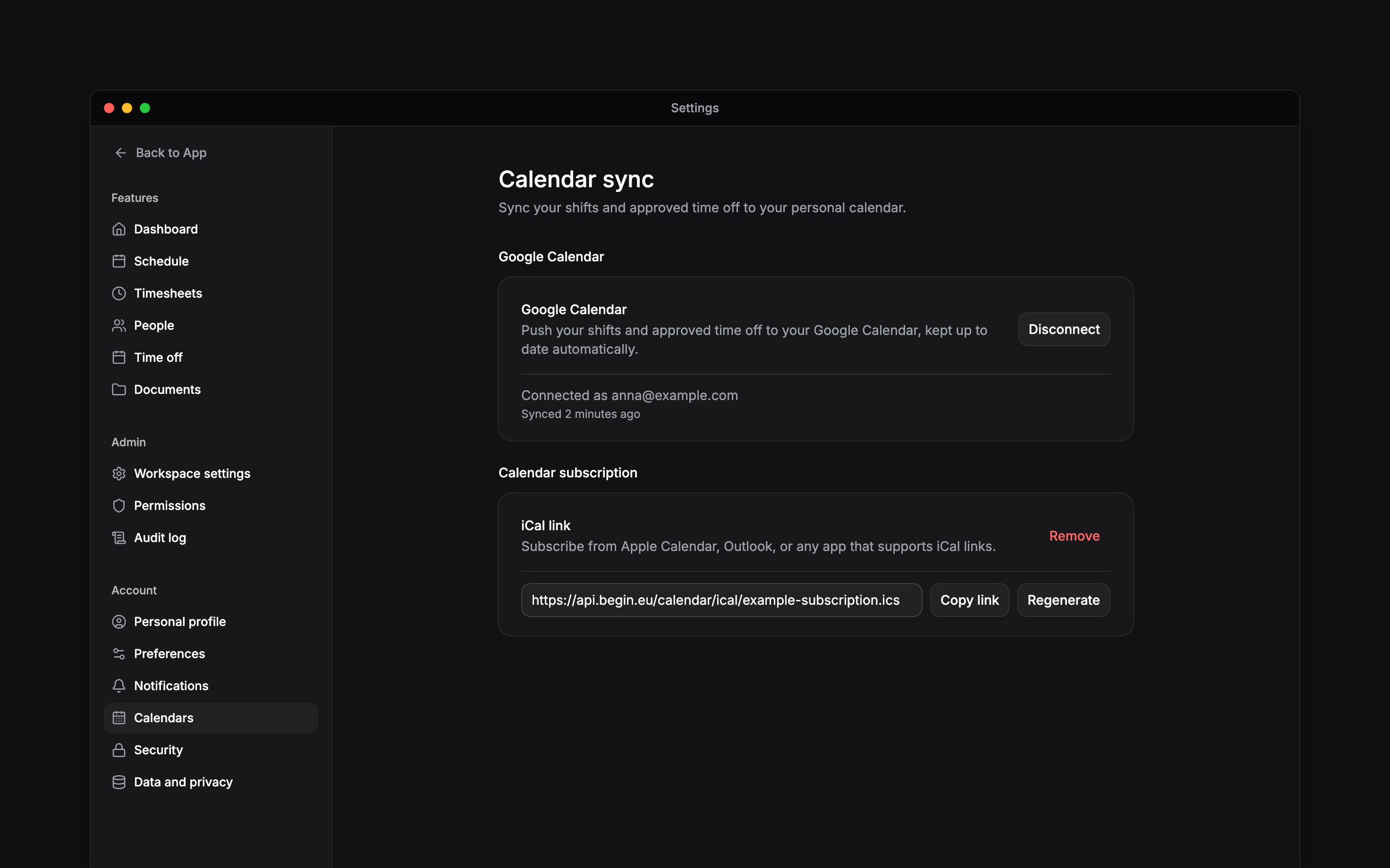 Calendar sync settings with an active Google connection and an iCal subscription link