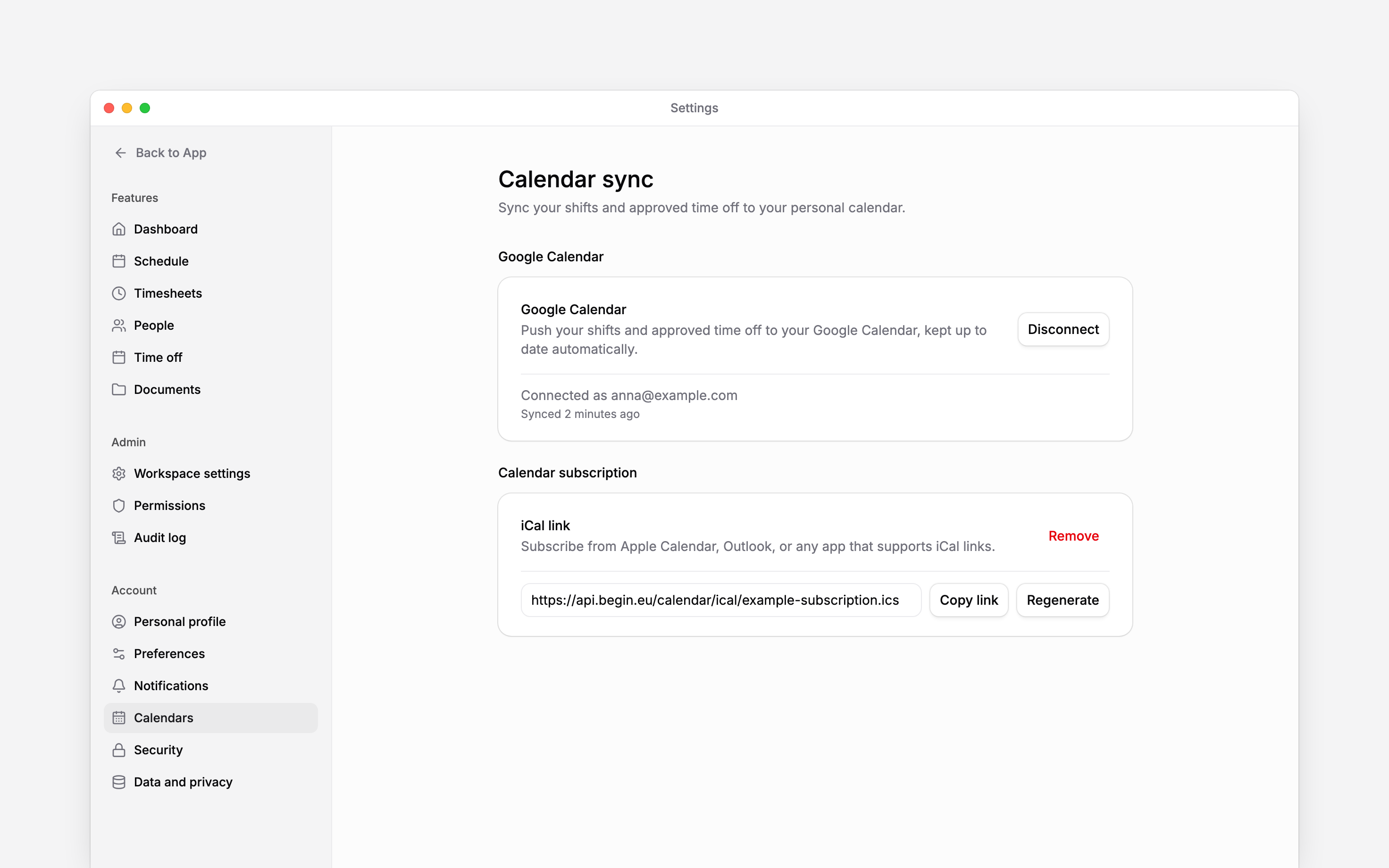 Calendar sync settings with an active Google connection and an iCal subscription link