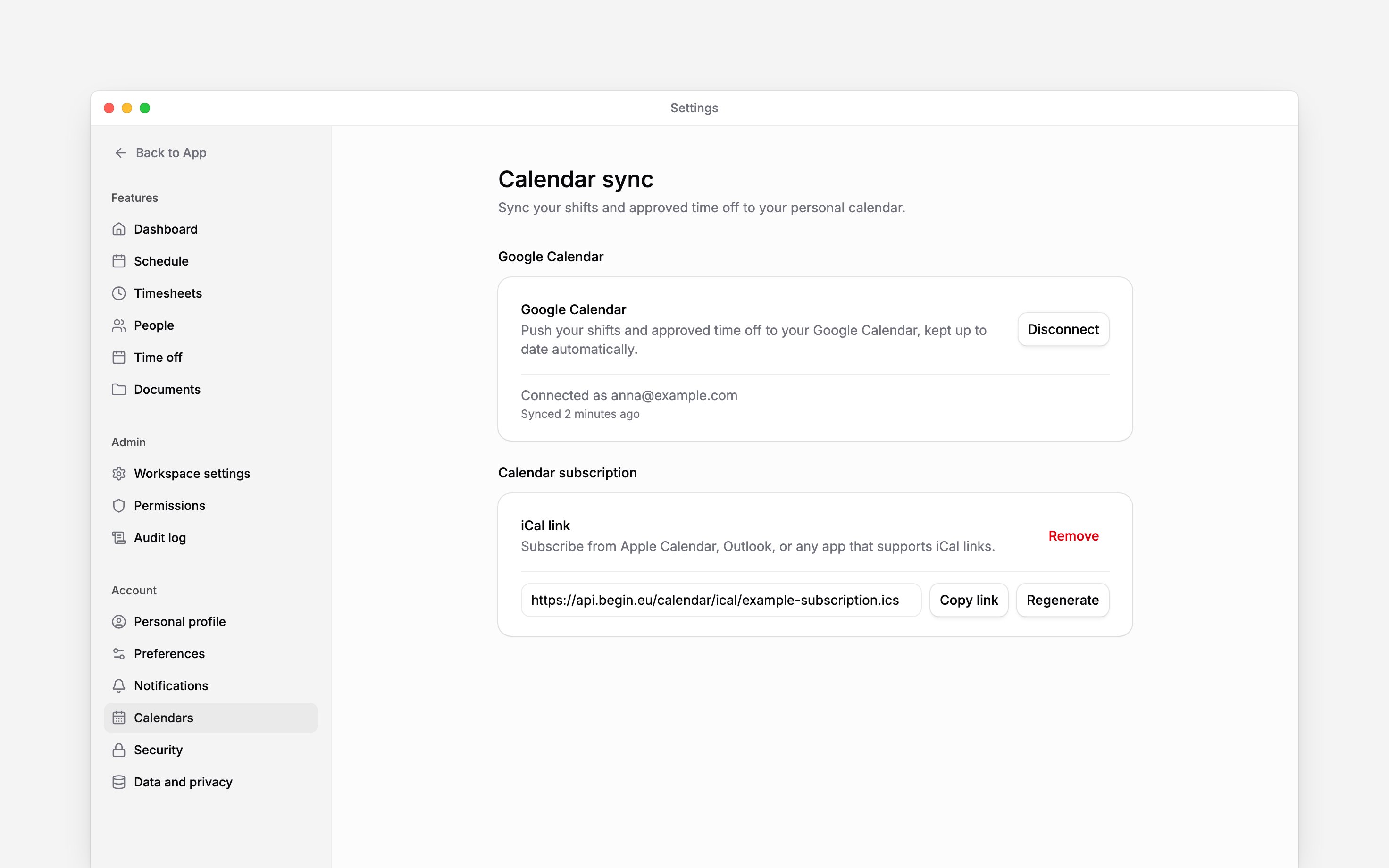 Calendar sync settings with an active Google connection and an iCal subscription link