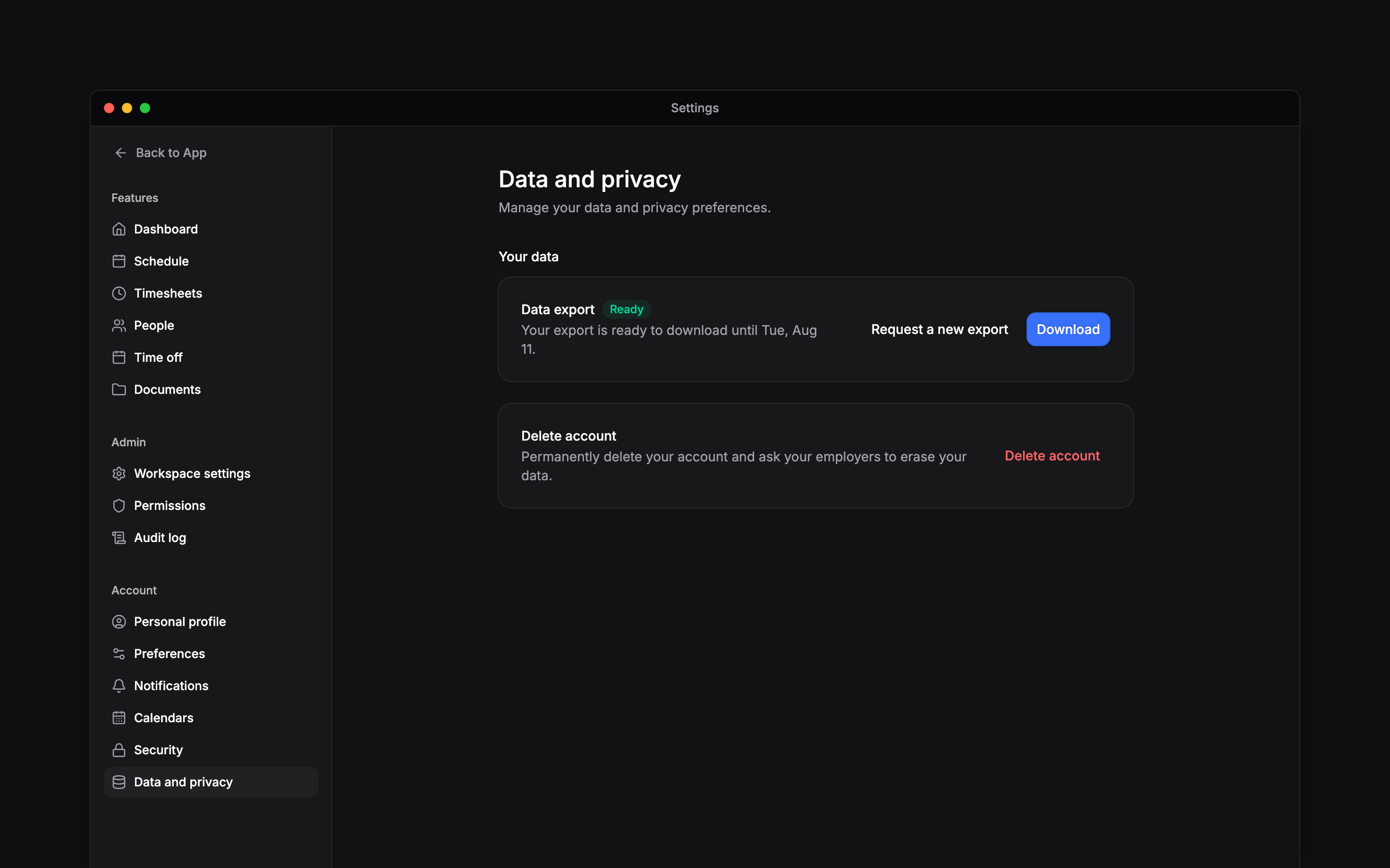 Data and privacy settings showing personal export and the Delete account action
