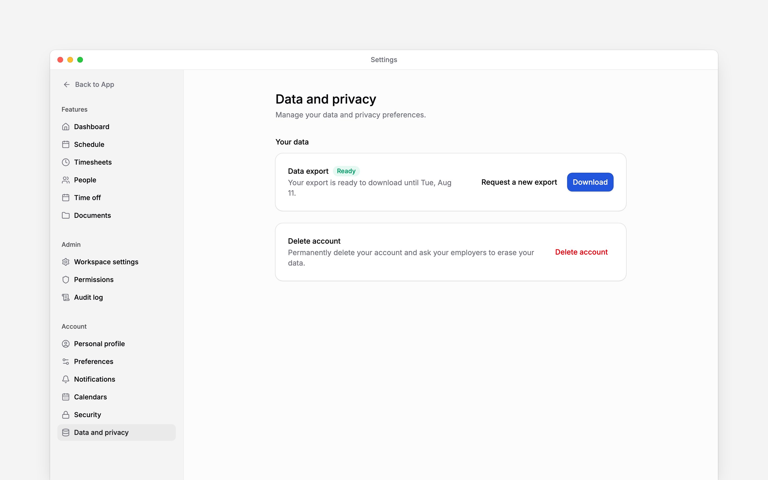 Data and privacy settings showing personal export and the Delete account action