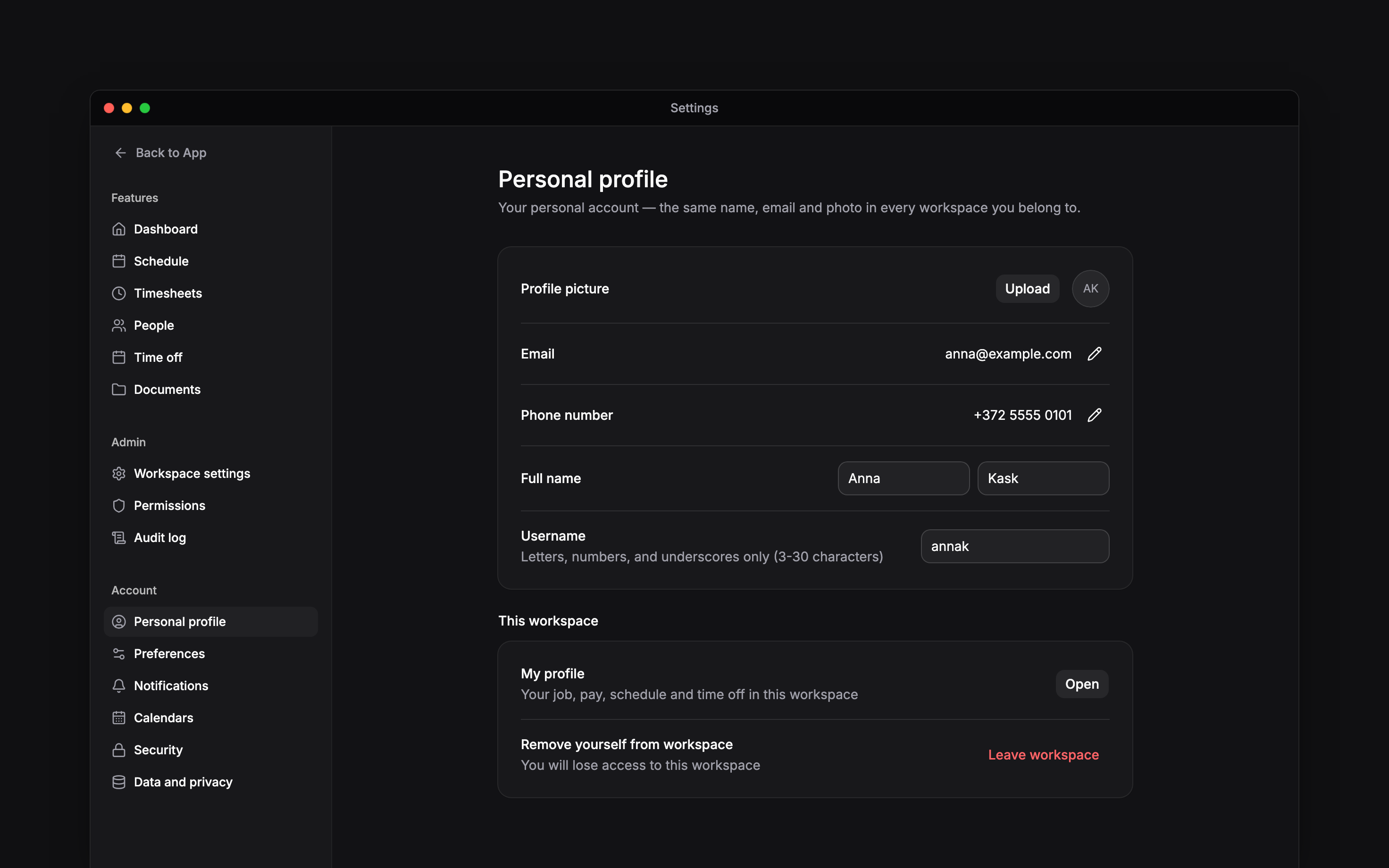 Personal profile settings scrolled to the current workspace access controls