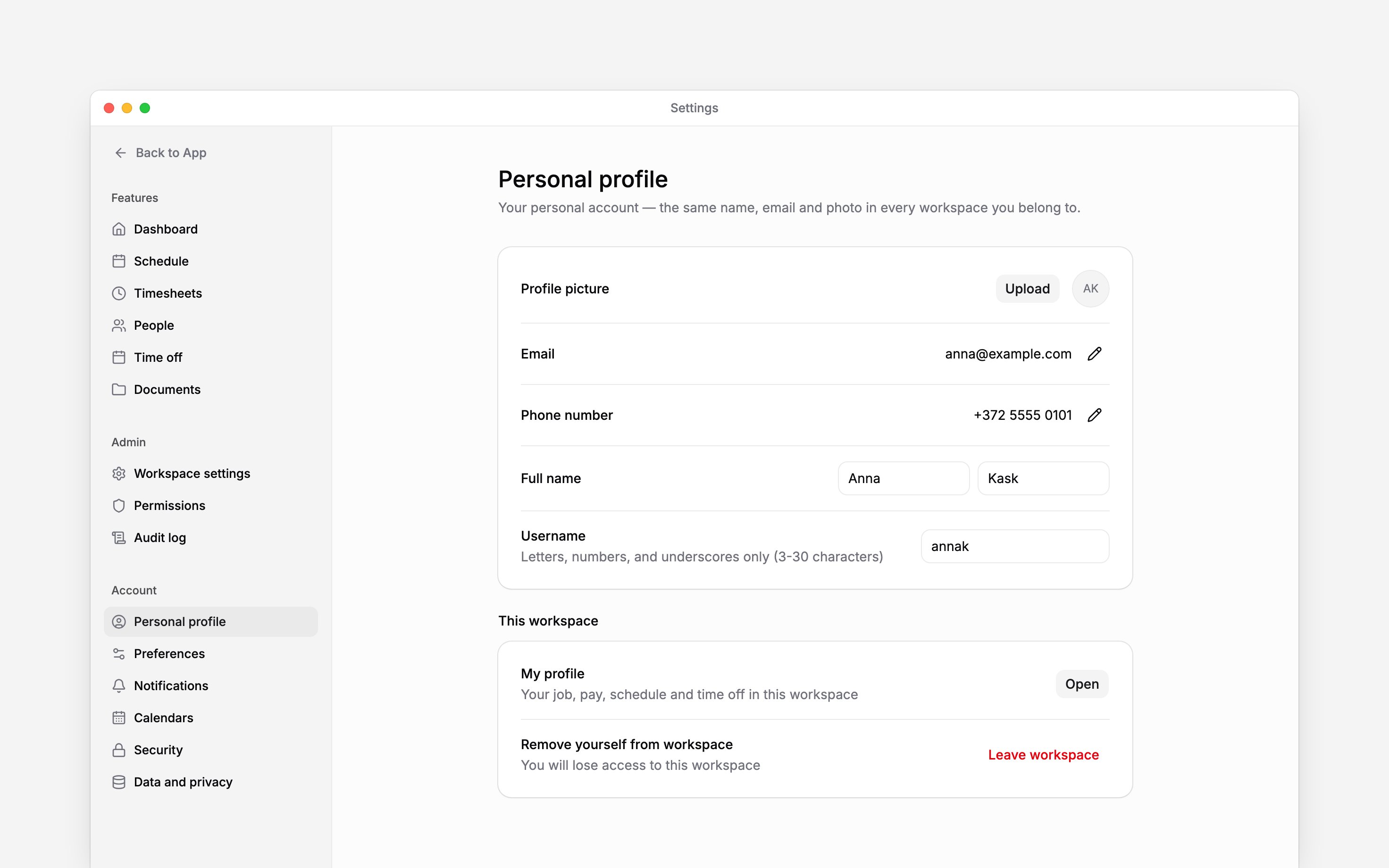 Personal profile settings scrolled to the current workspace access controls