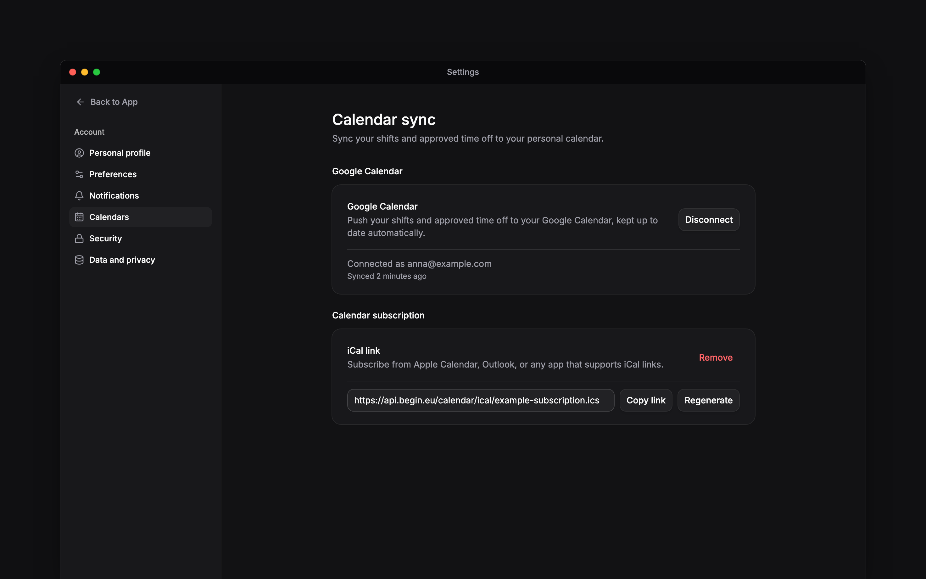 Calendar sync settings with an active Google connection and an iCal subscription link