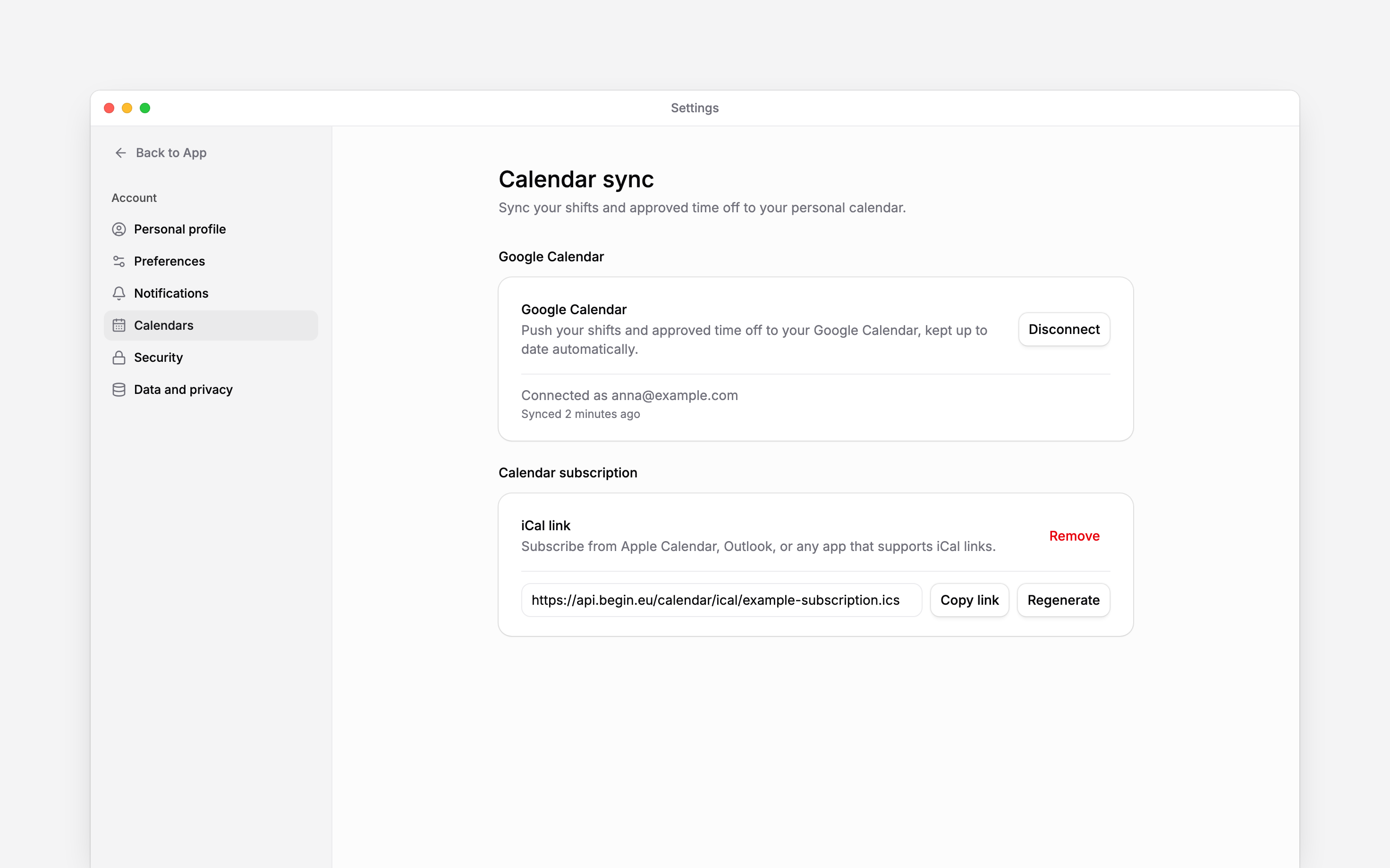 Calendar sync settings with an active Google connection and an iCal subscription link