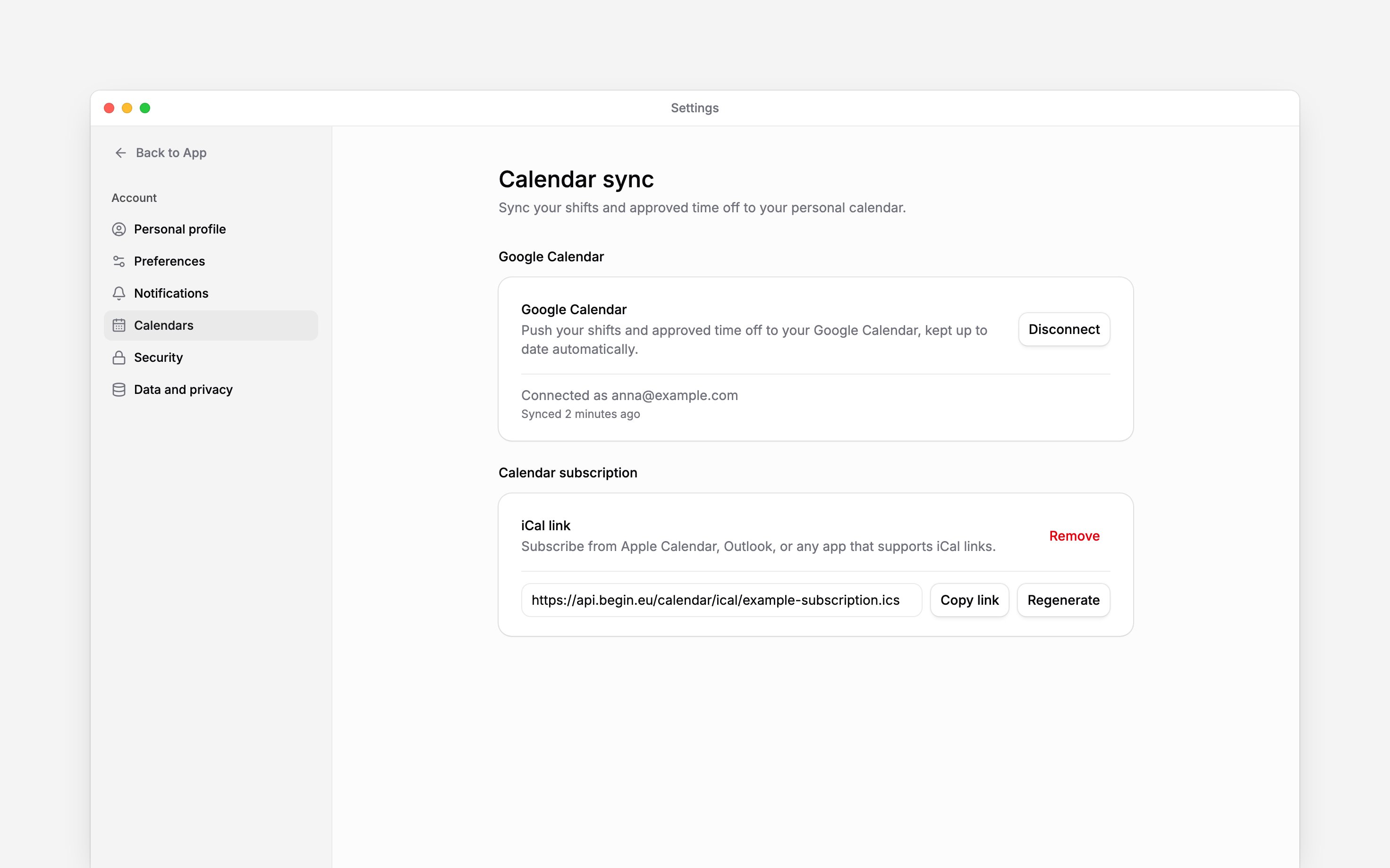 Calendar sync settings with an active Google connection and an iCal subscription link