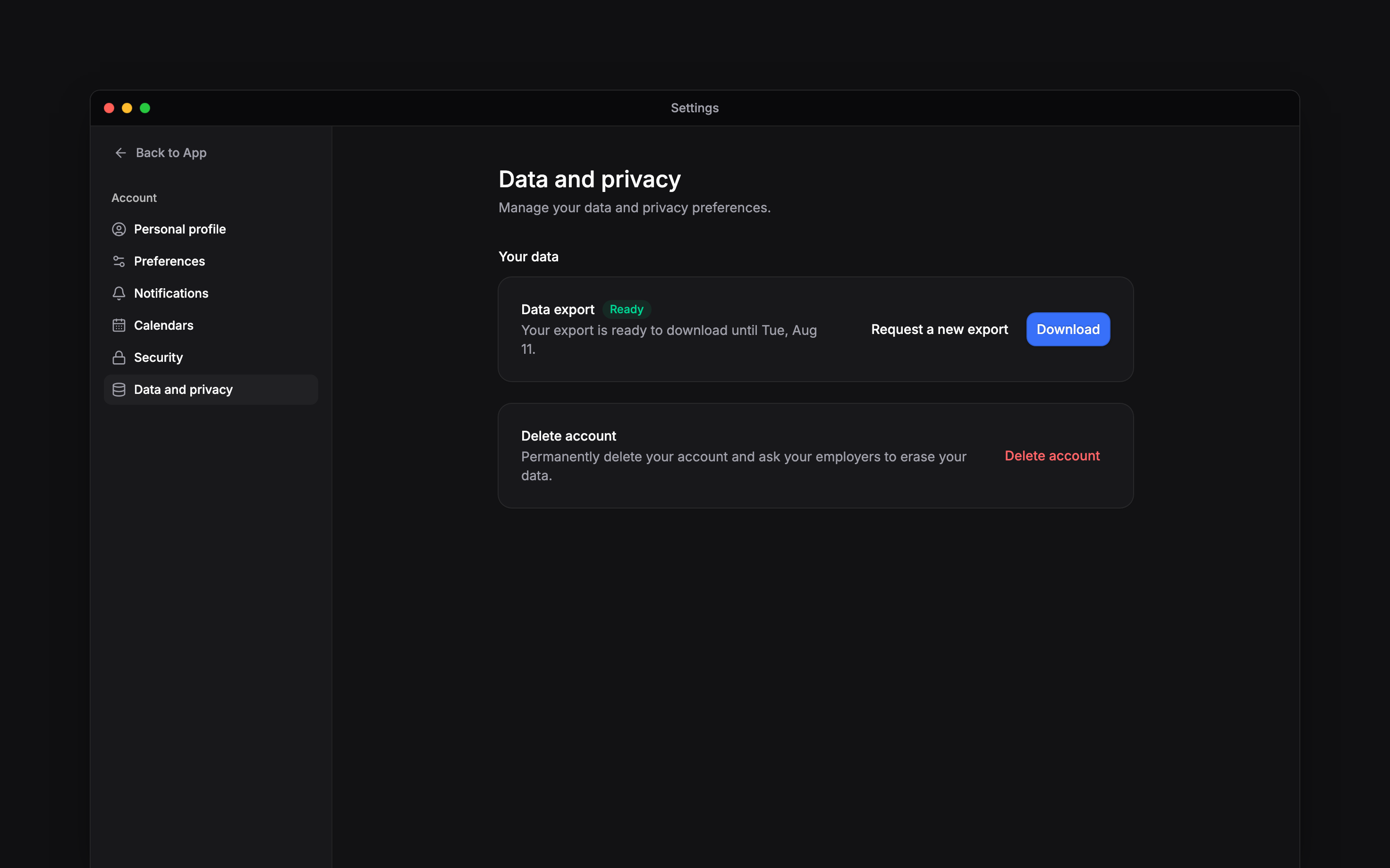 Data and privacy settings showing personal export and the Delete account action