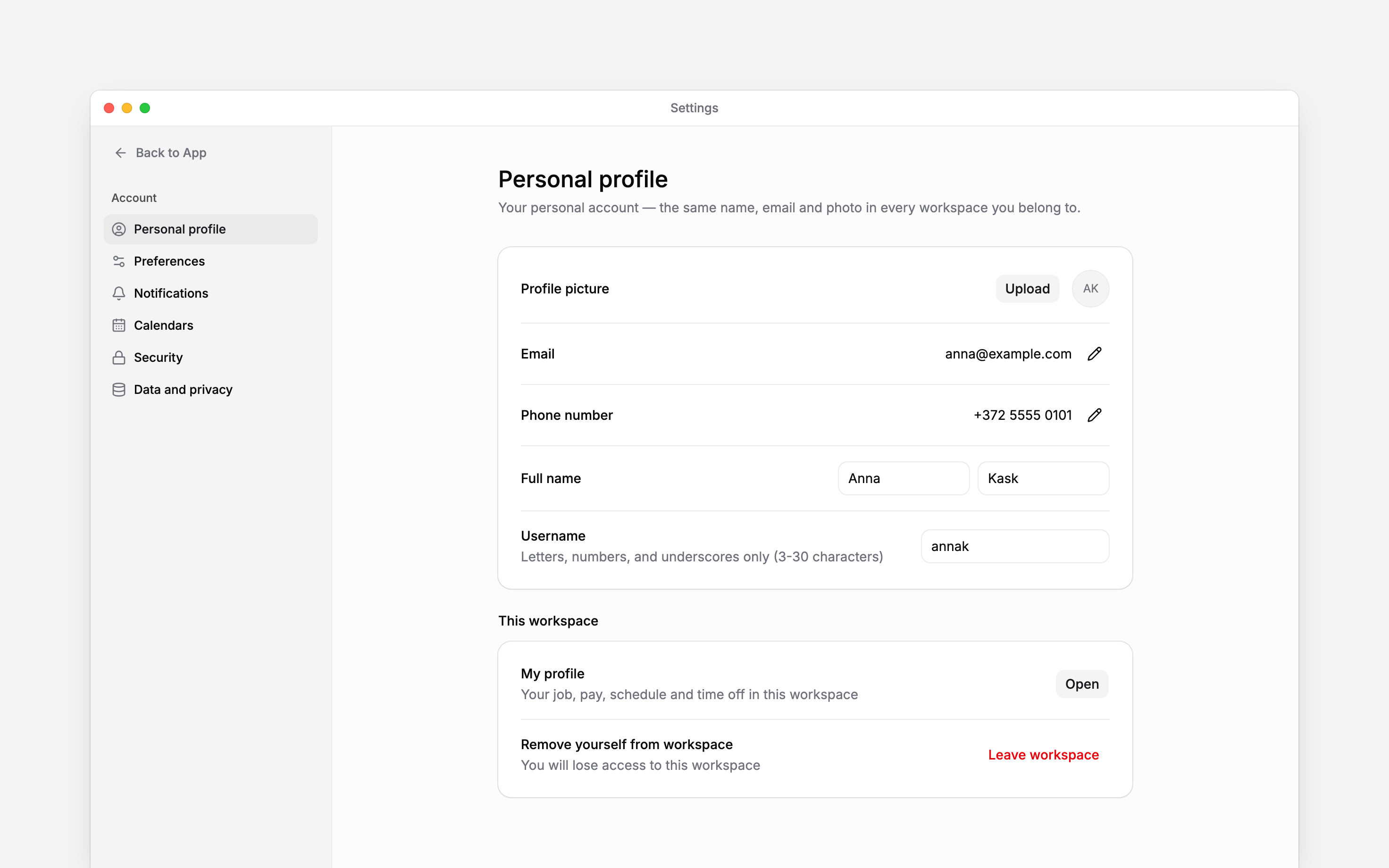 Personal profile settings scrolled to the current workspace access controls