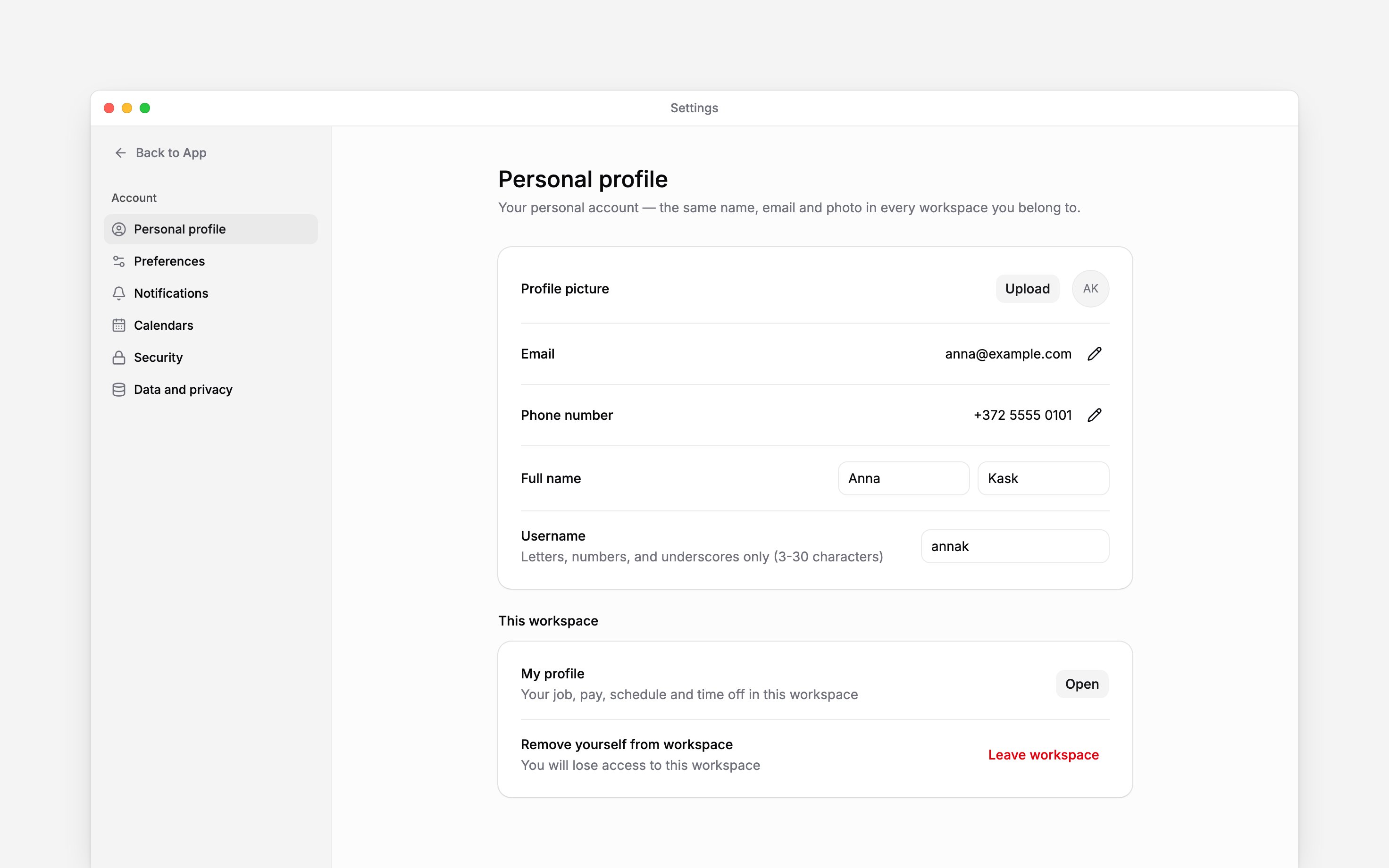 Personal profile settings scrolled to the current workspace access controls