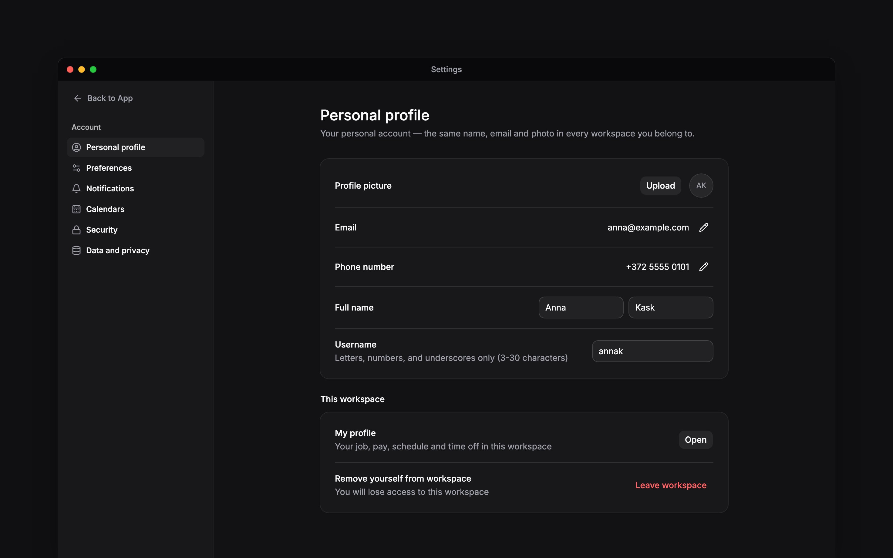 Personal profile settings with account details and workspace access controls