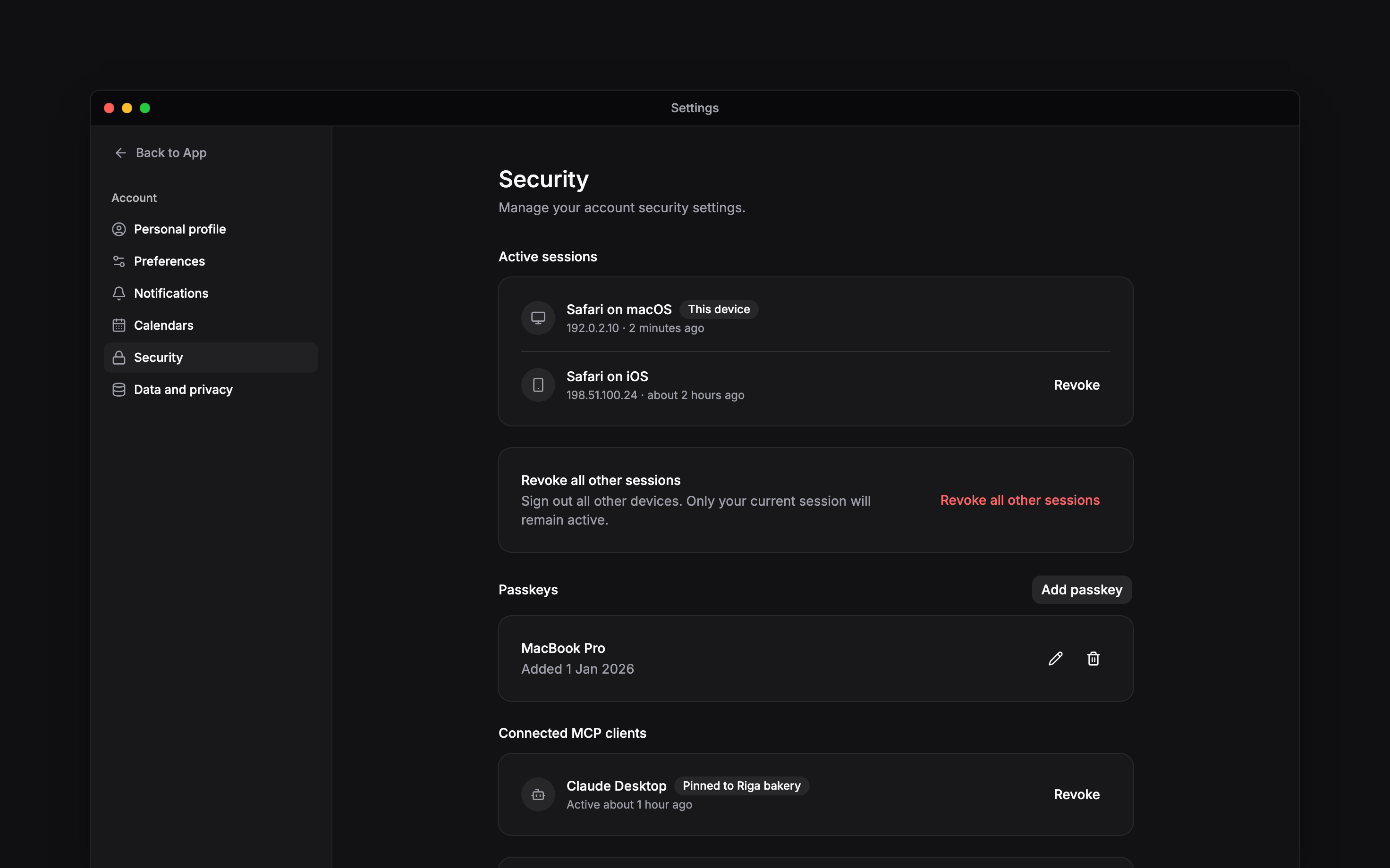 Security settings showing active sessions and the current device