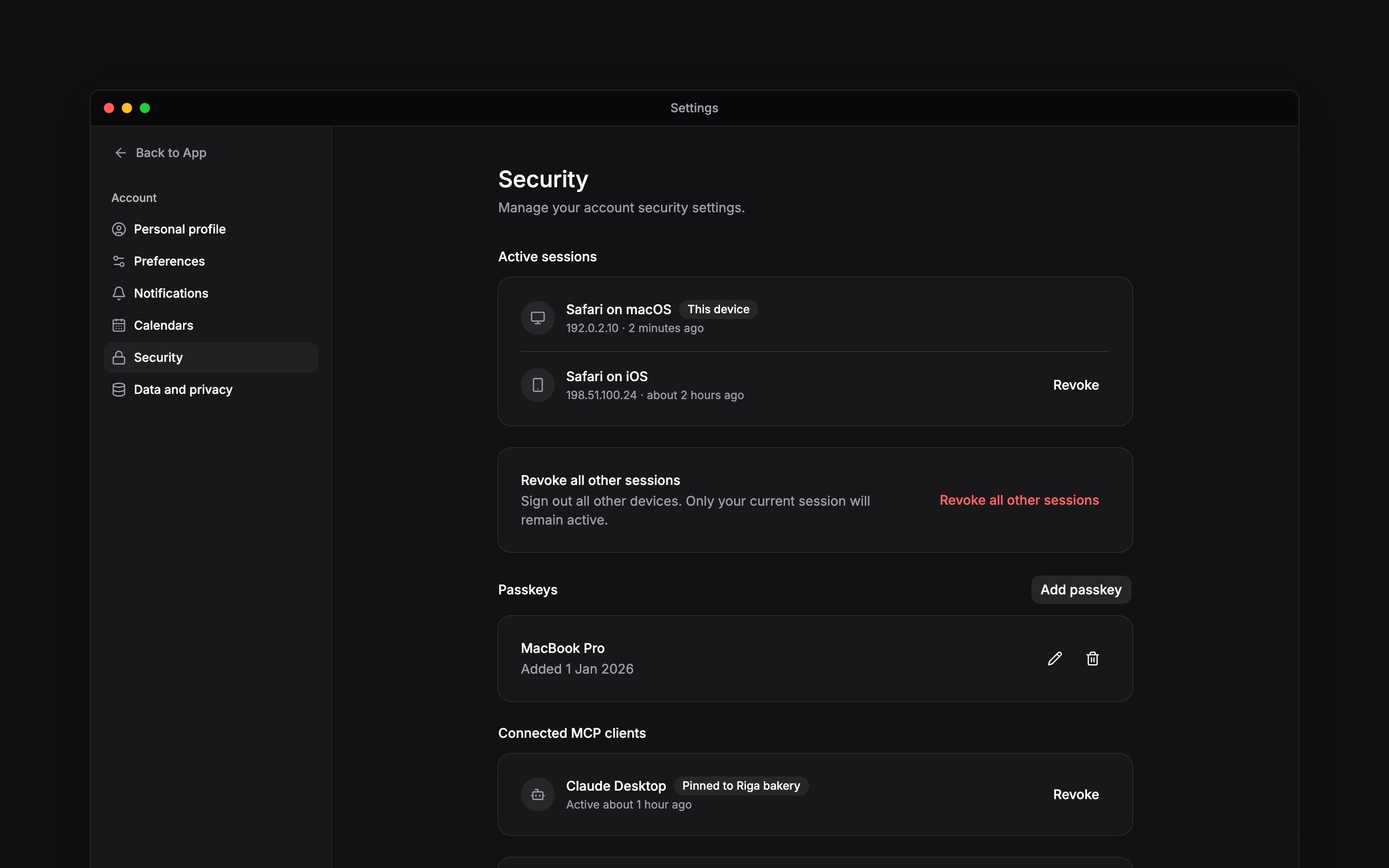 Security settings showing active sessions and the current device