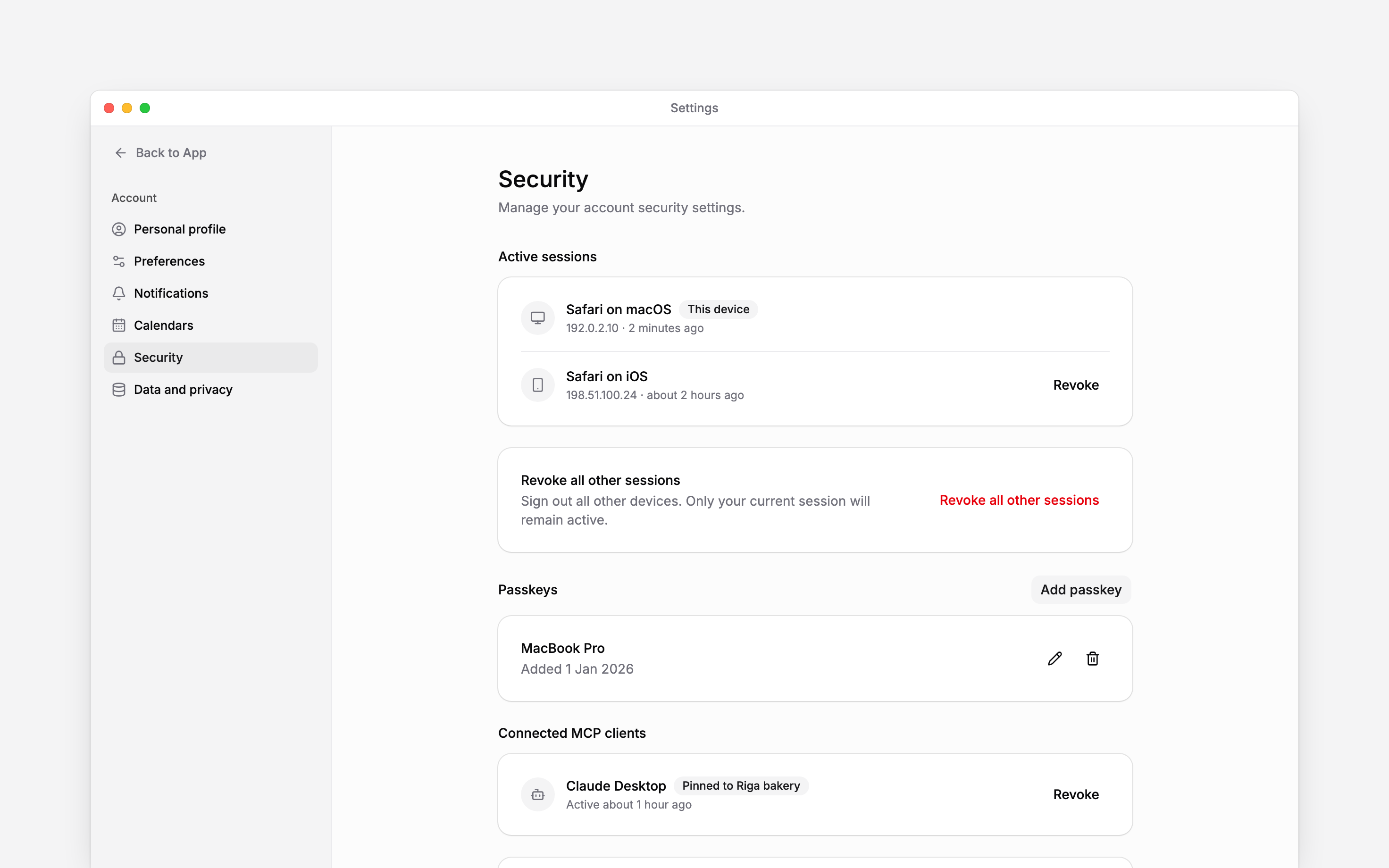 Security settings showing active sessions and the current device