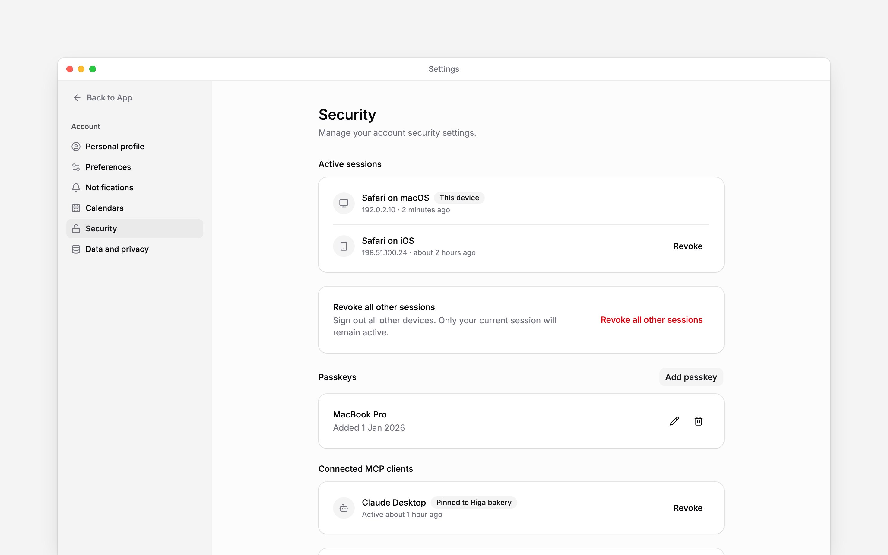 Security settings showing active sessions and the current device