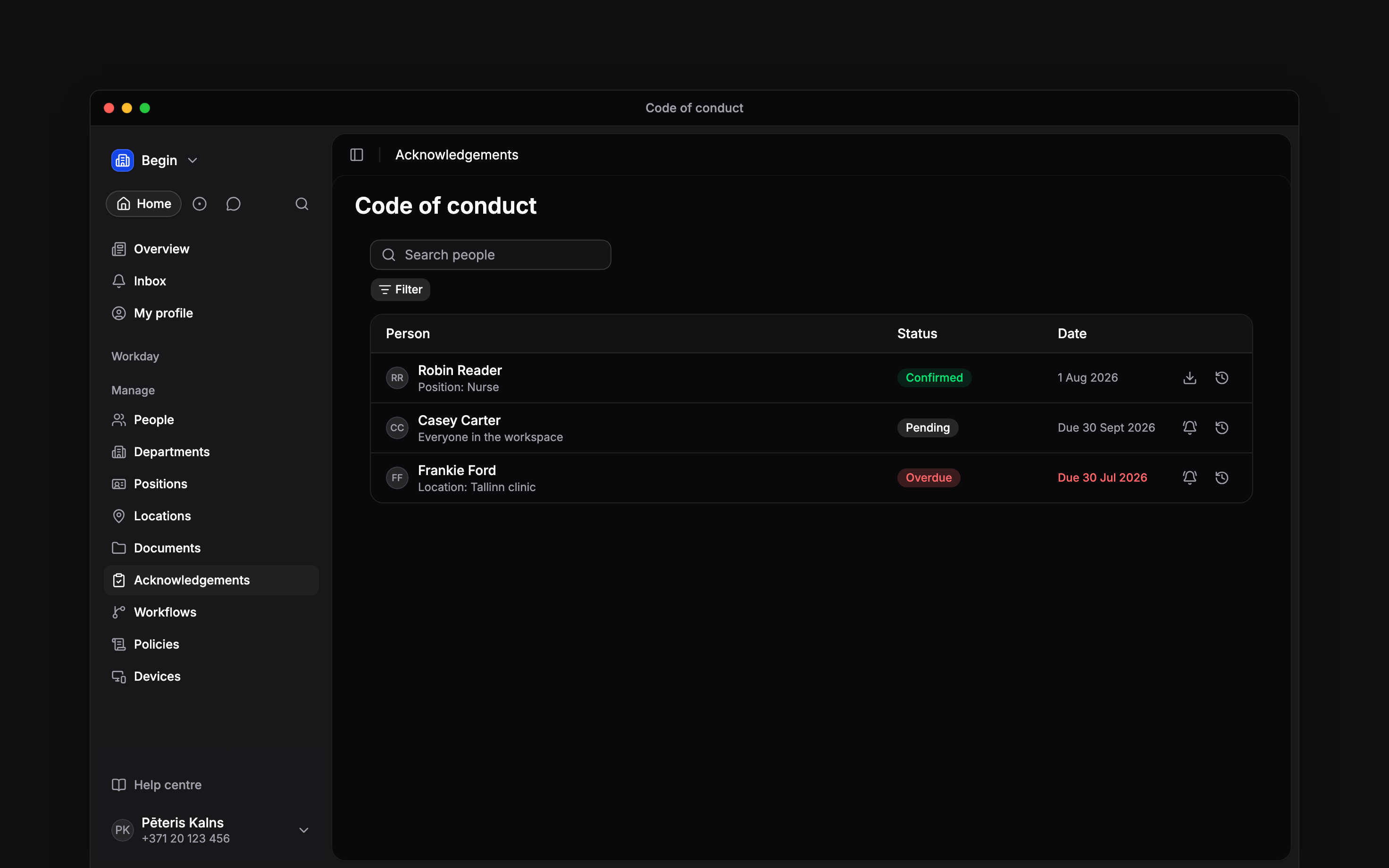 A people list with confirmed, pending and overdue acknowledgement rows and reminder actions