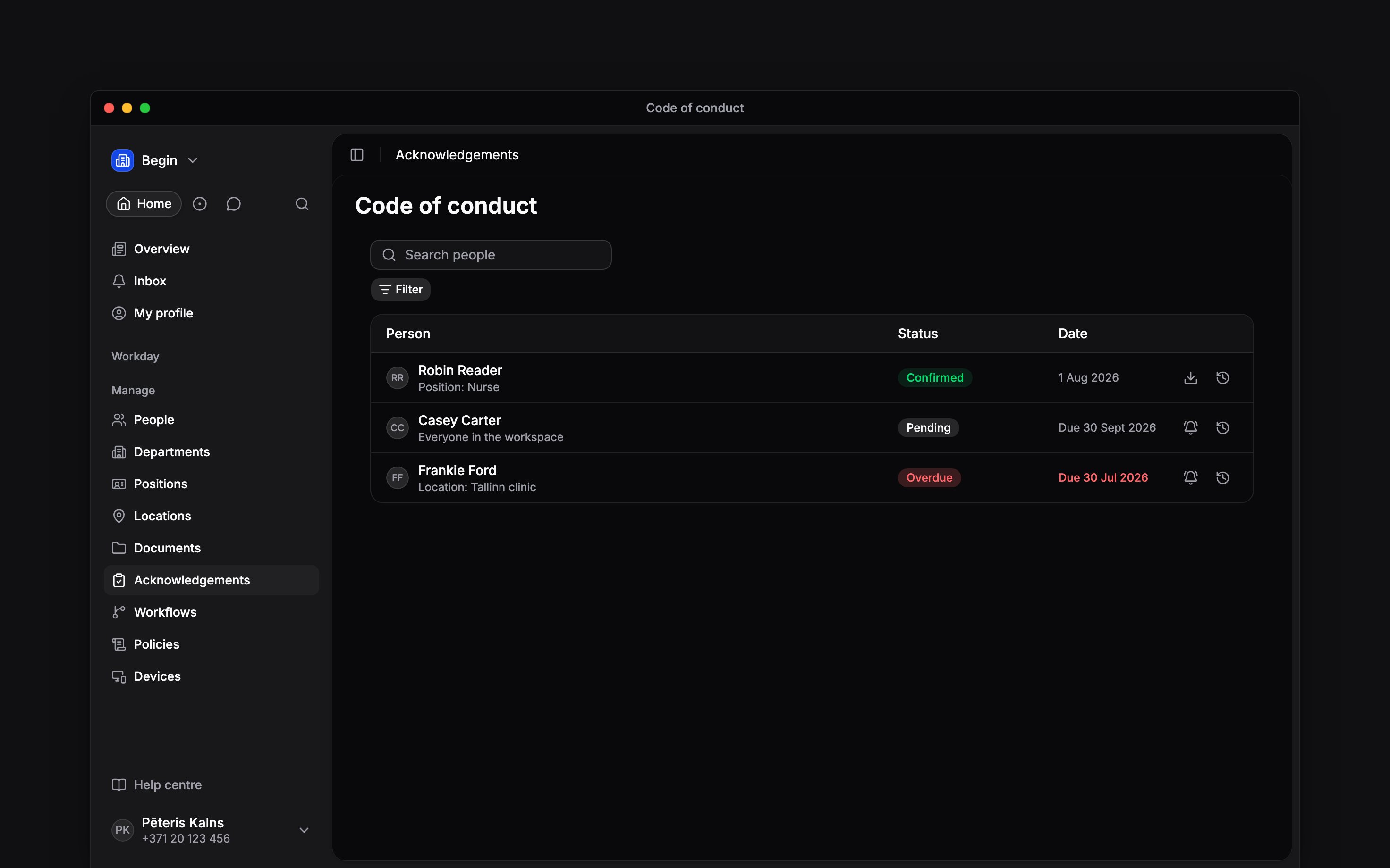 A people list with confirmed, pending and overdue acknowledgement rows and reminder actions