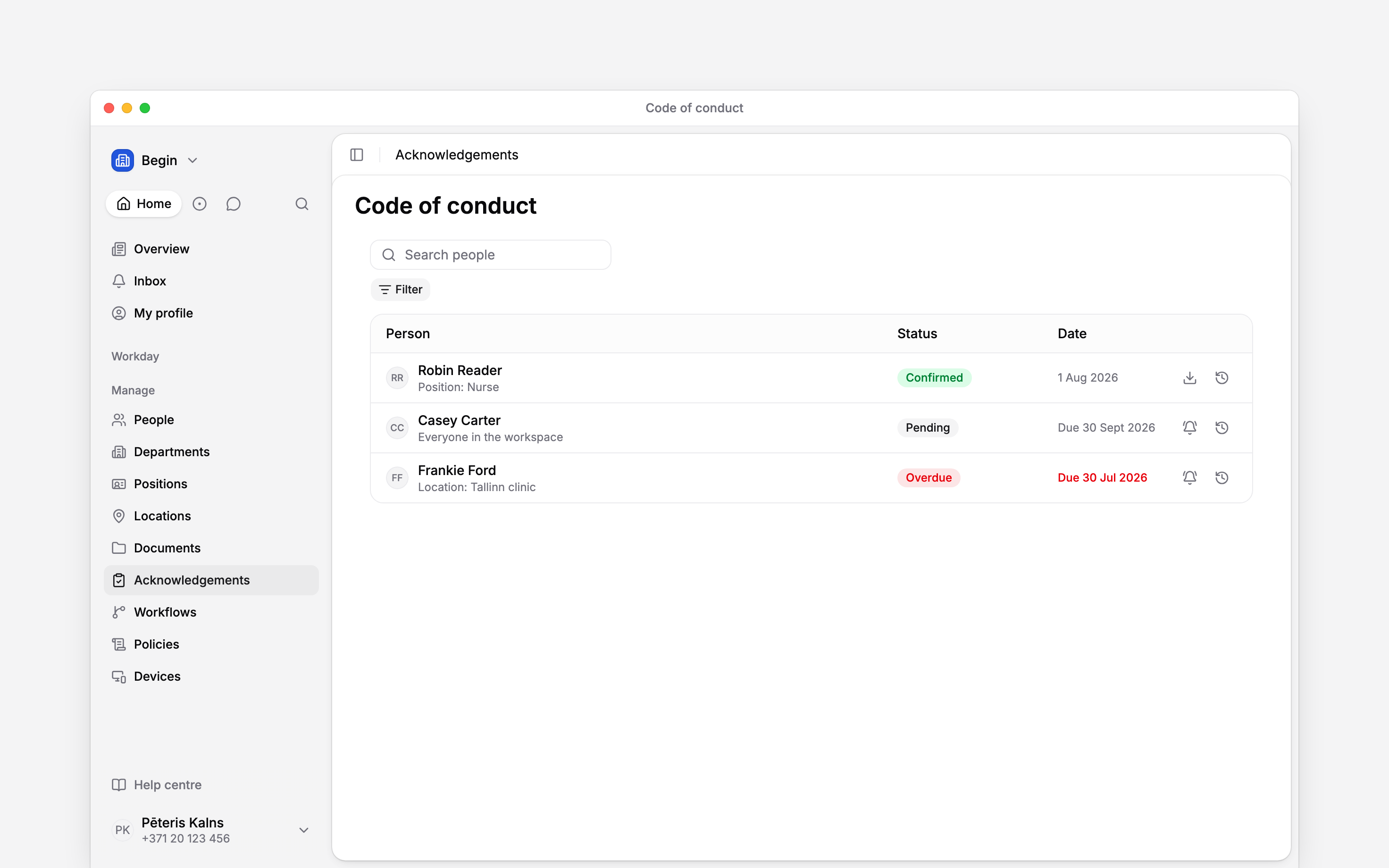 A people list with confirmed, pending and overdue acknowledgement rows and reminder actions