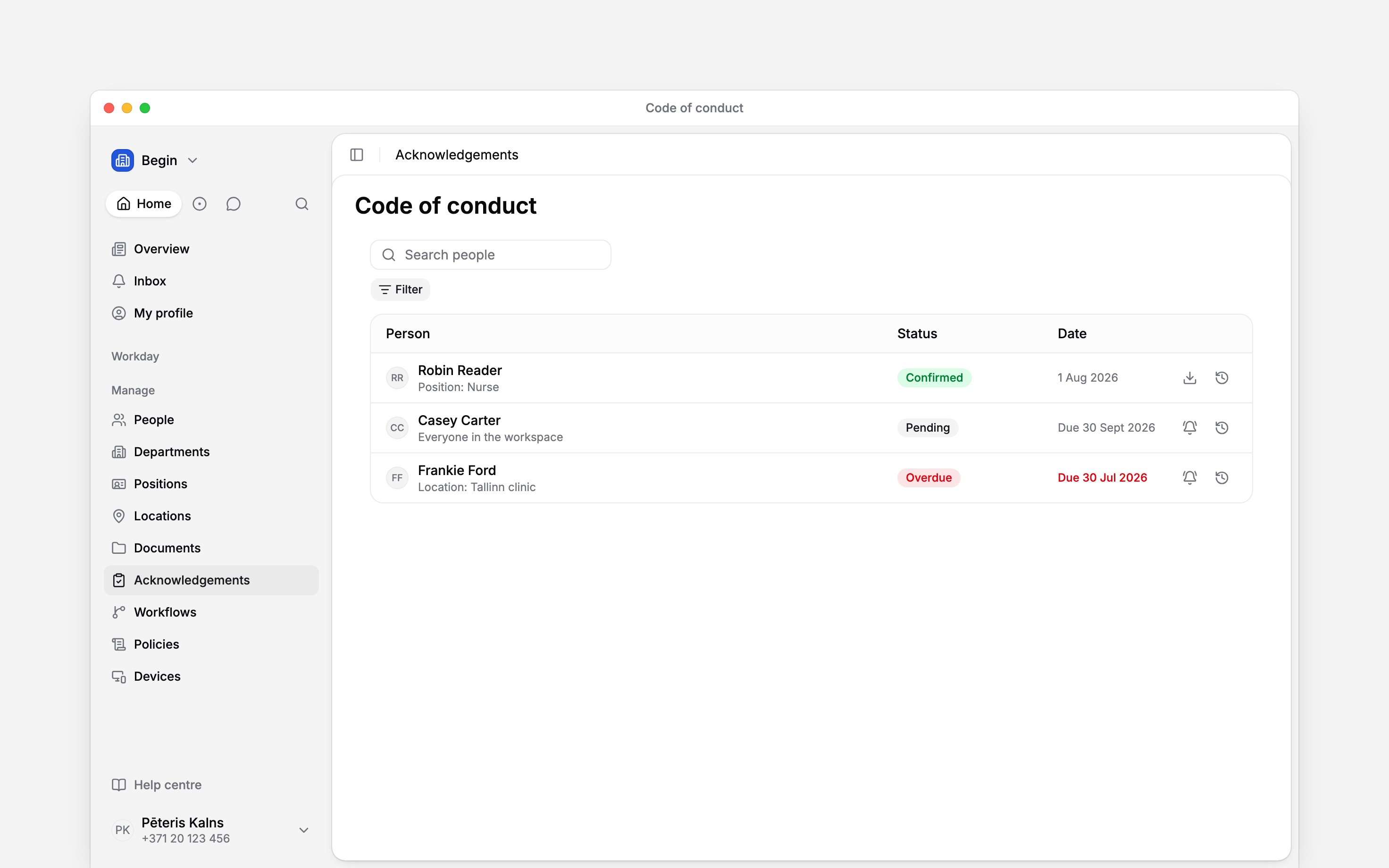 A people list with confirmed, pending and overdue acknowledgement rows and reminder actions