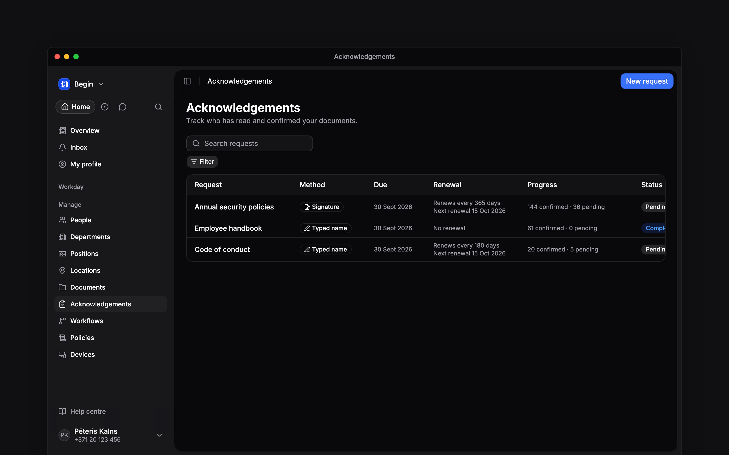 The Acknowledgements page with three requests, progress counts and status filters