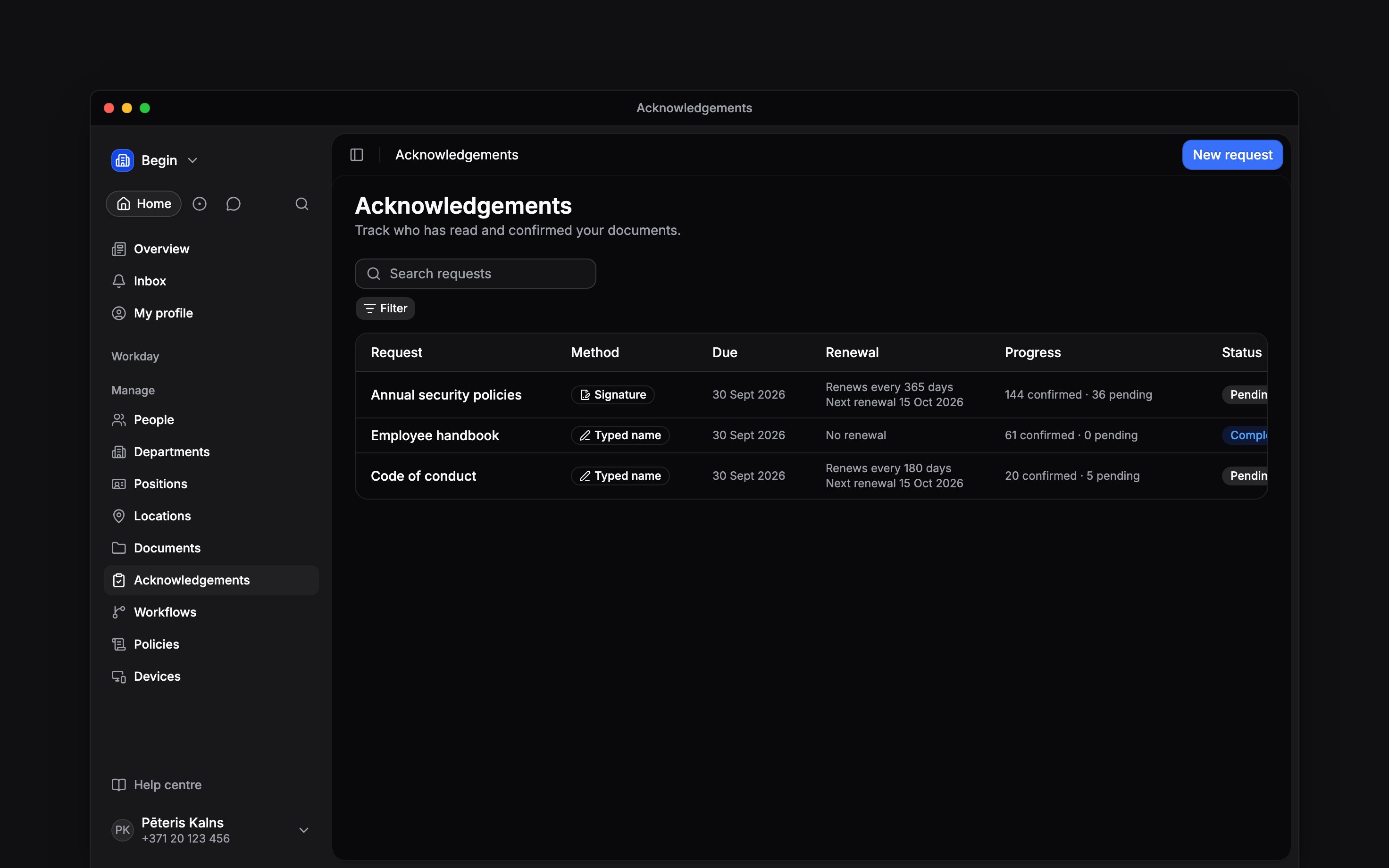 The Acknowledgements page with three requests, progress counts and status filters