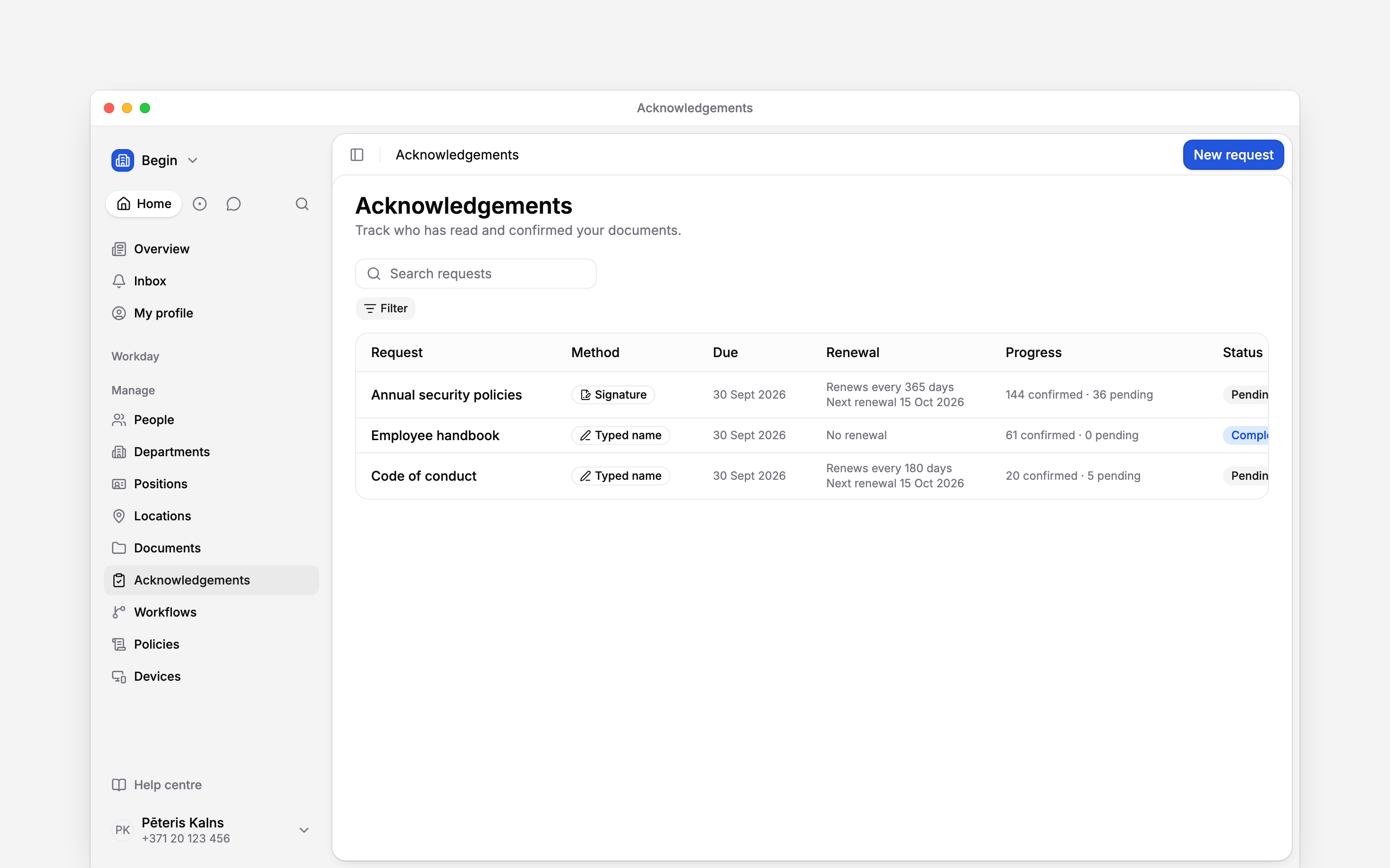 The Acknowledgements page with three requests, progress counts and status filters