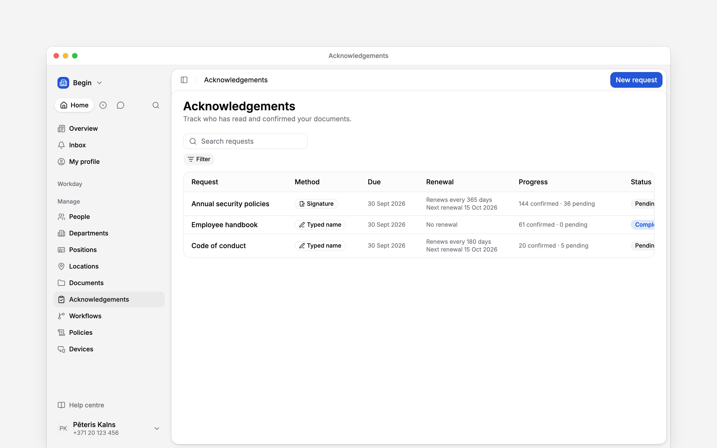 The Acknowledgements page with three requests, progress counts and status filters