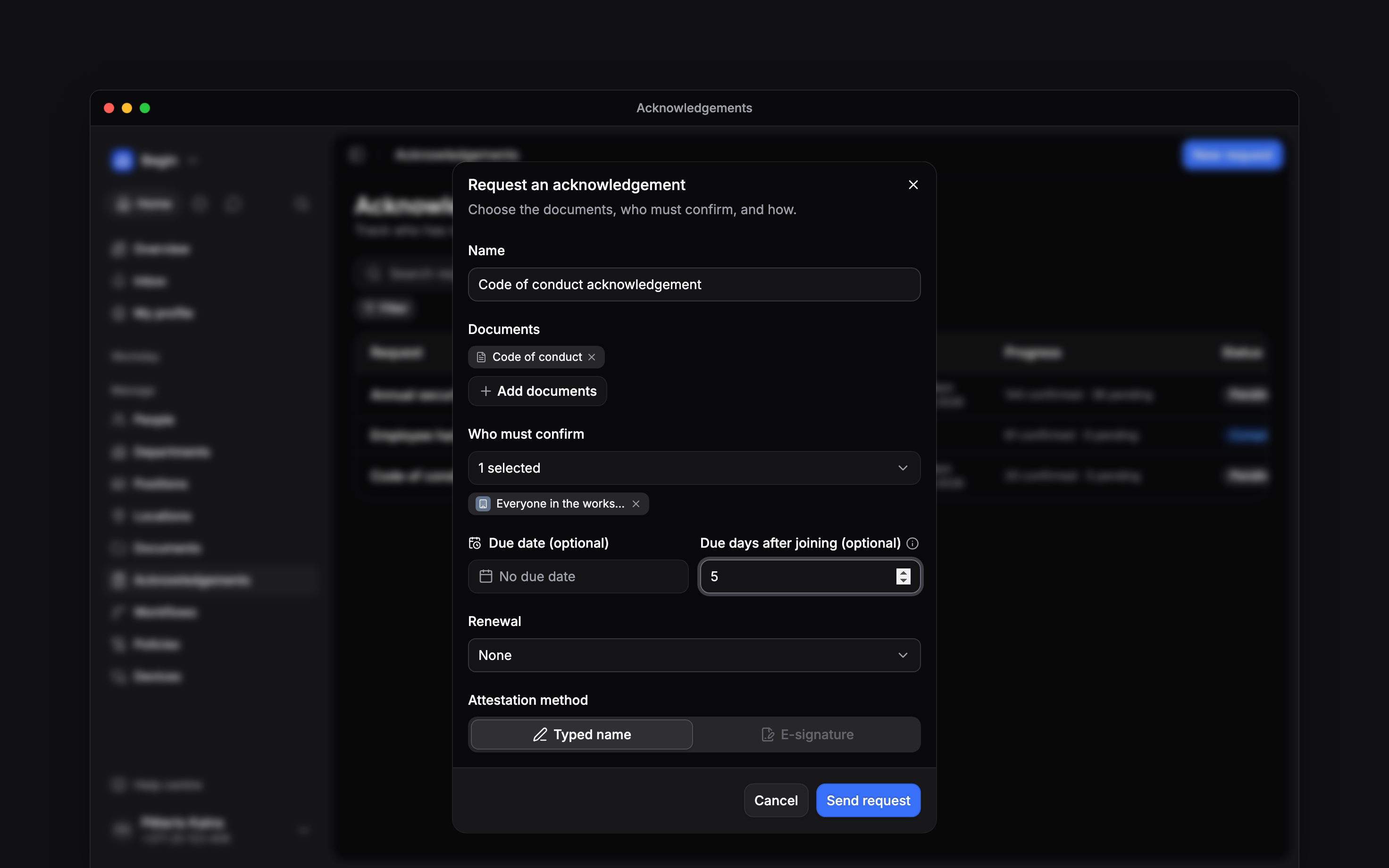 The request form with Code of conduct selected, an audience and future-joiner timing
