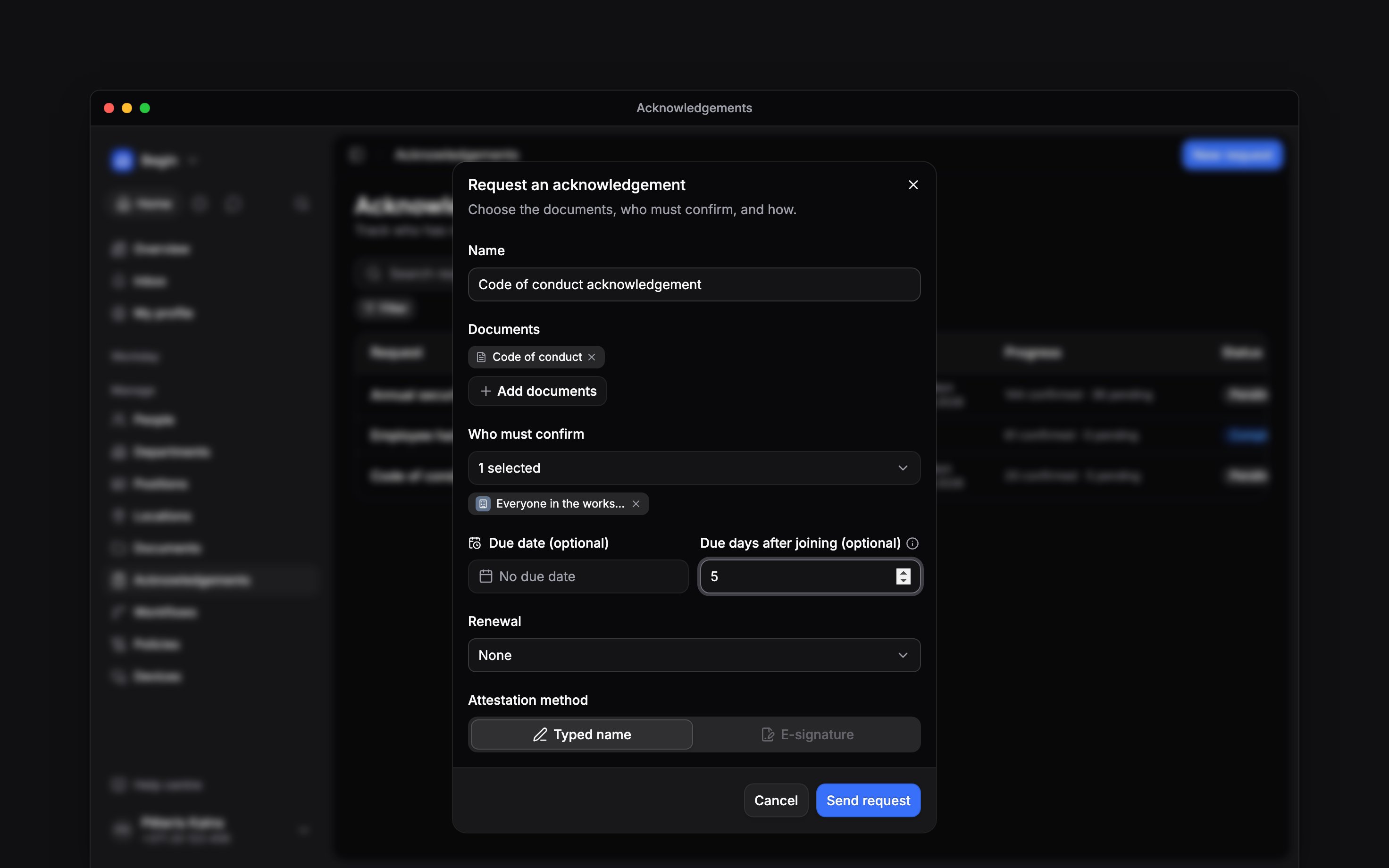 The request form with Code of conduct selected, an audience and future-joiner timing