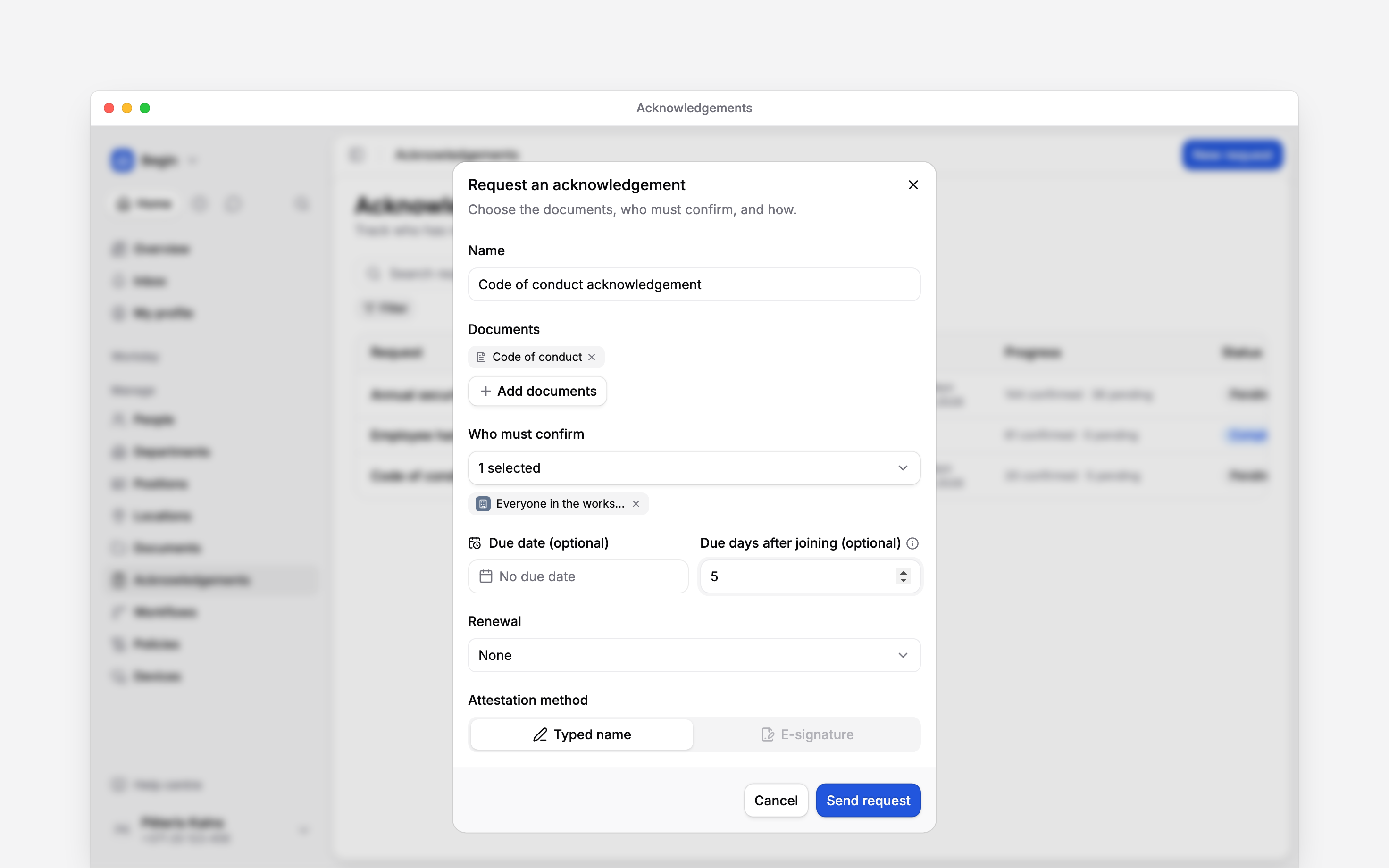 The request form with Code of conduct selected, an audience and future-joiner timing