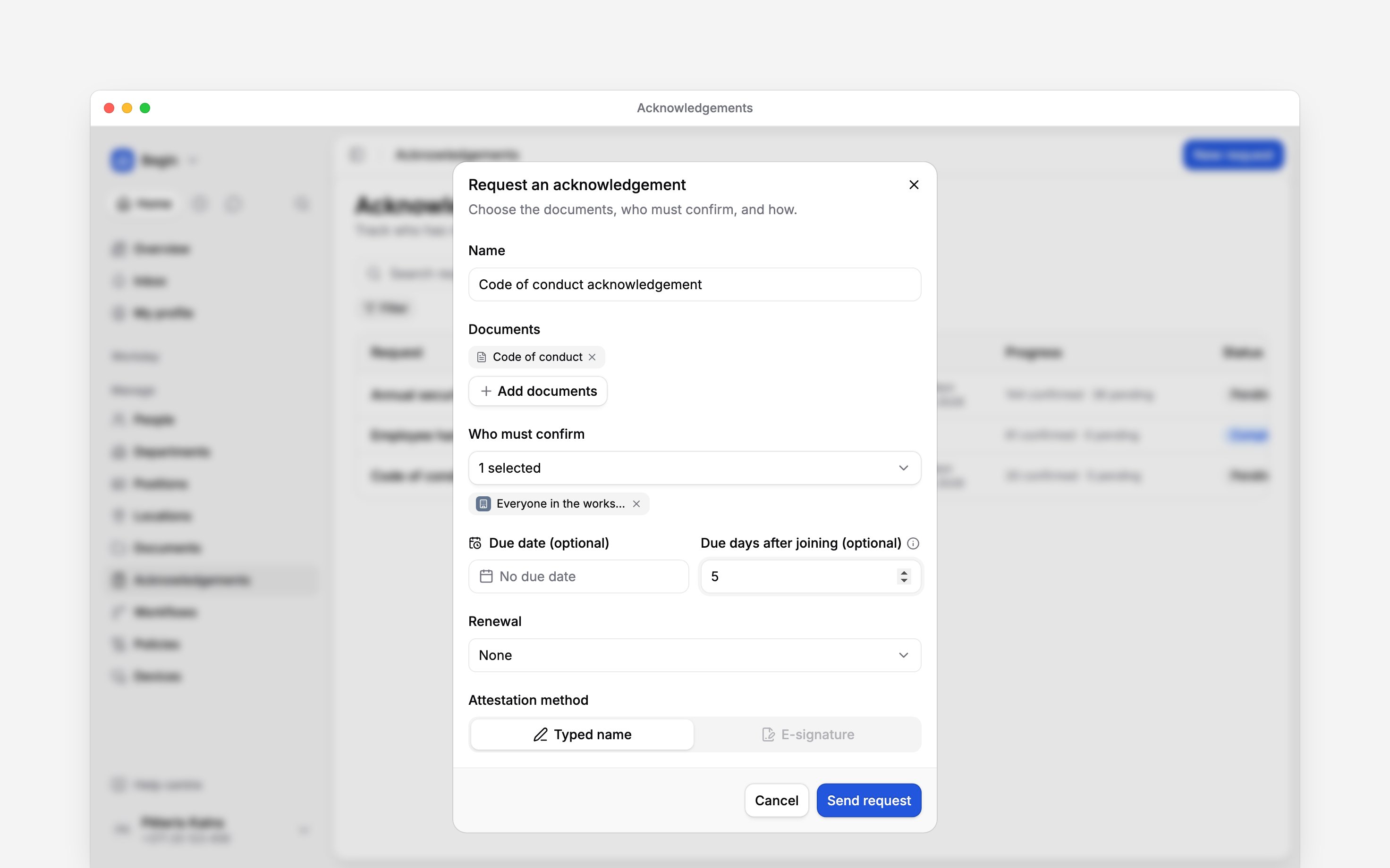 The request form with Code of conduct selected, an audience and future-joiner timing