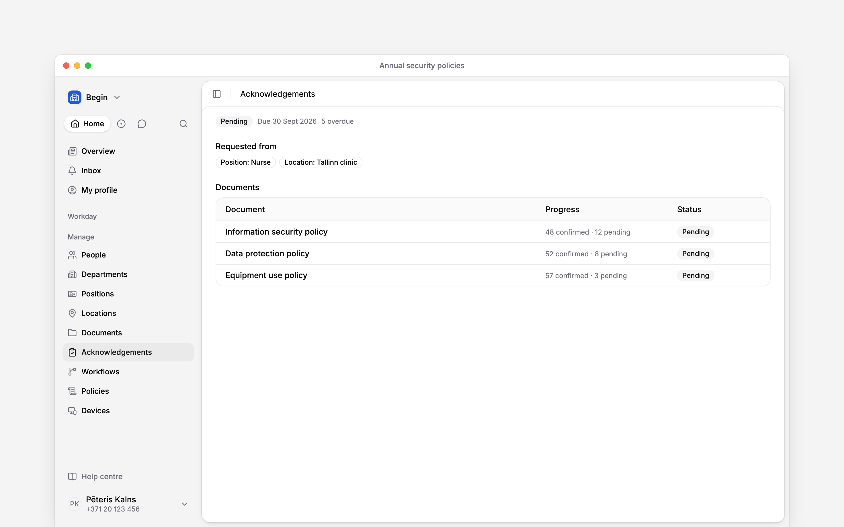 An acknowledgement request showing audience, deadline and progress for a document pack