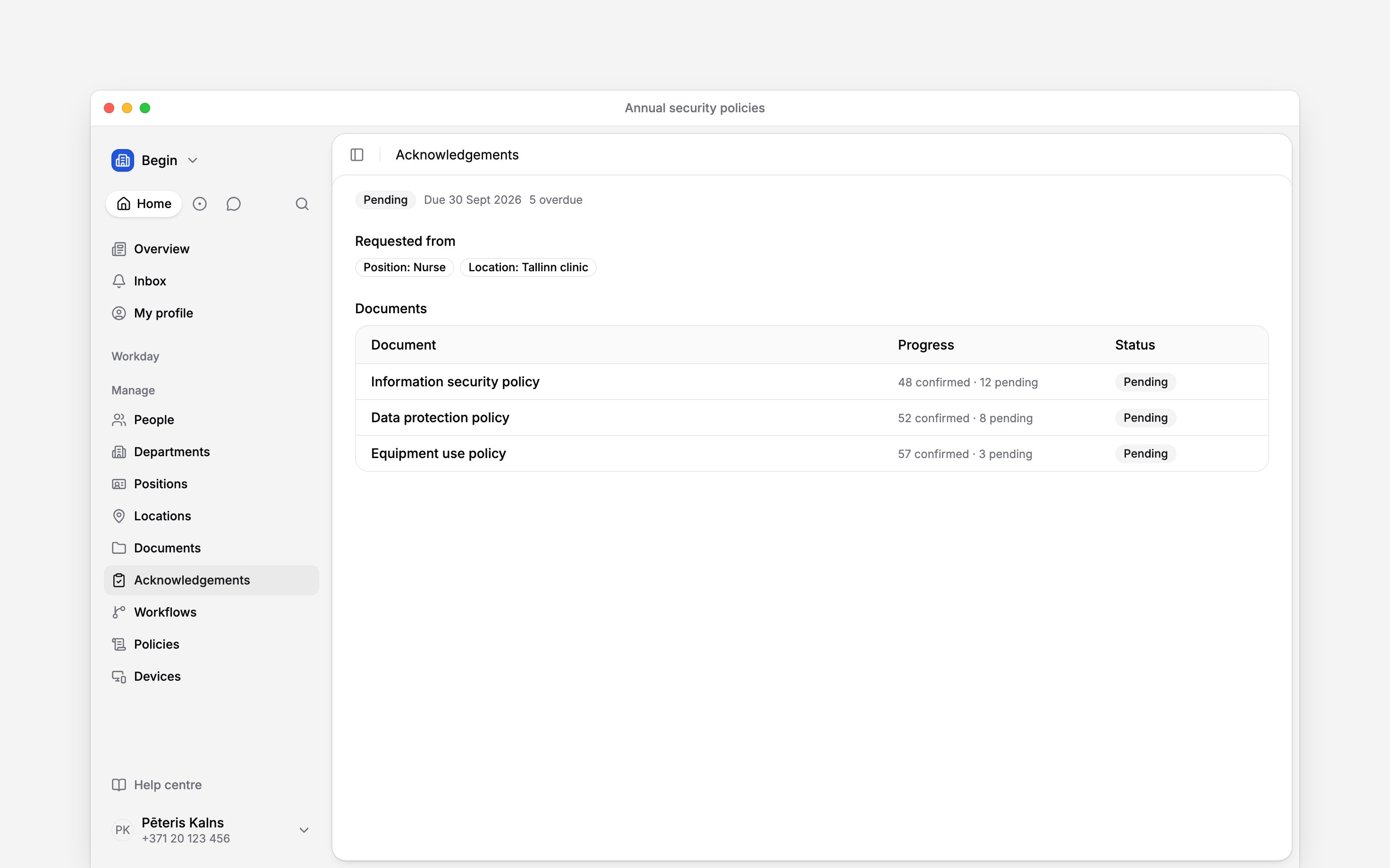 An acknowledgement request showing audience, deadline and progress for a document pack