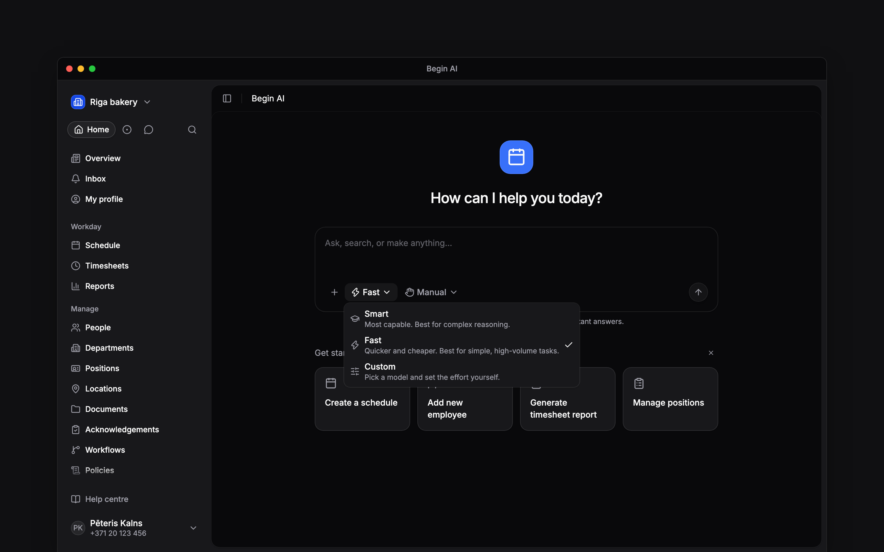 The Begin AI Assistant mode menu showing Fast, Smart and Custom