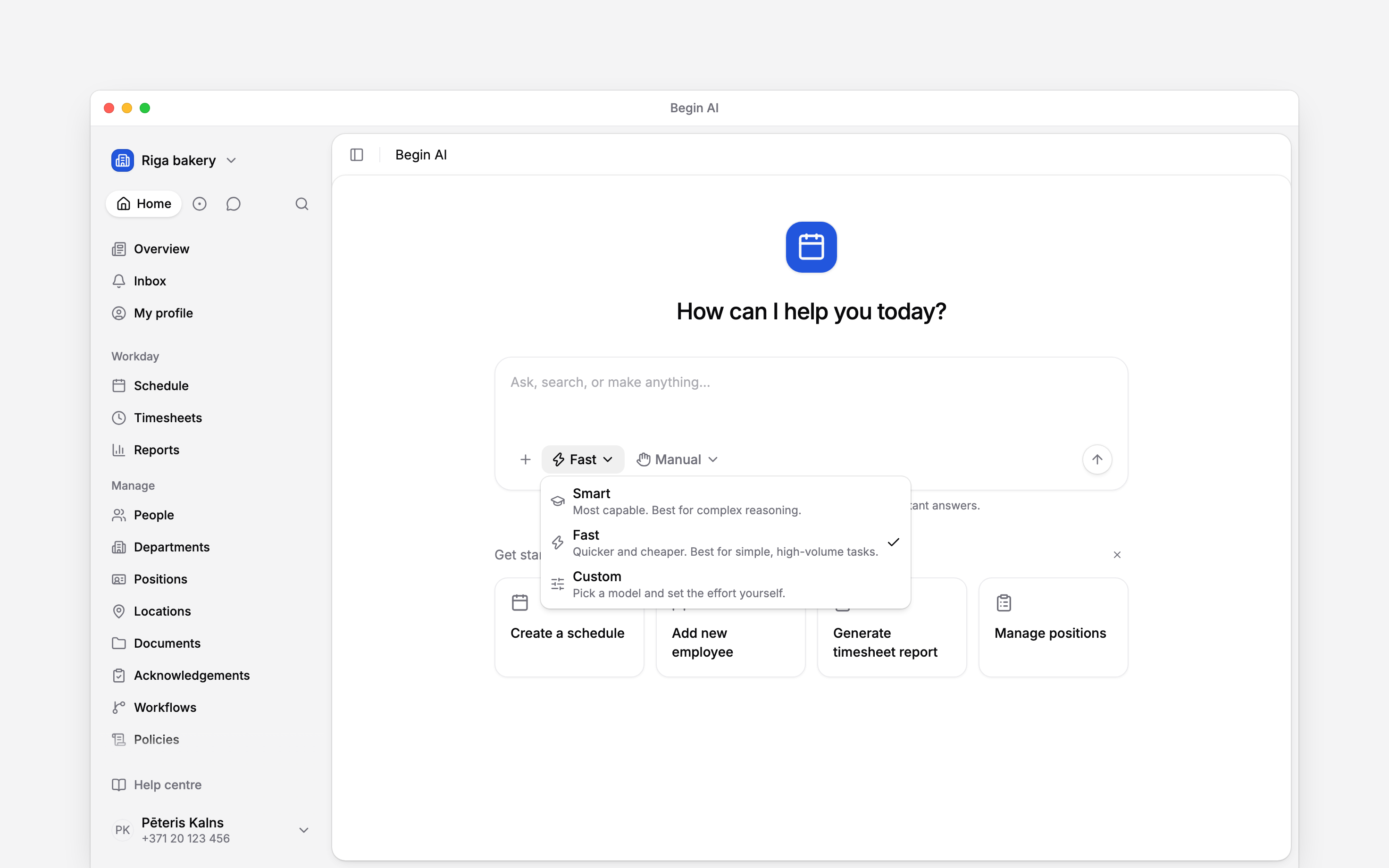 The Begin AI Assistant mode menu showing Fast, Smart and Custom