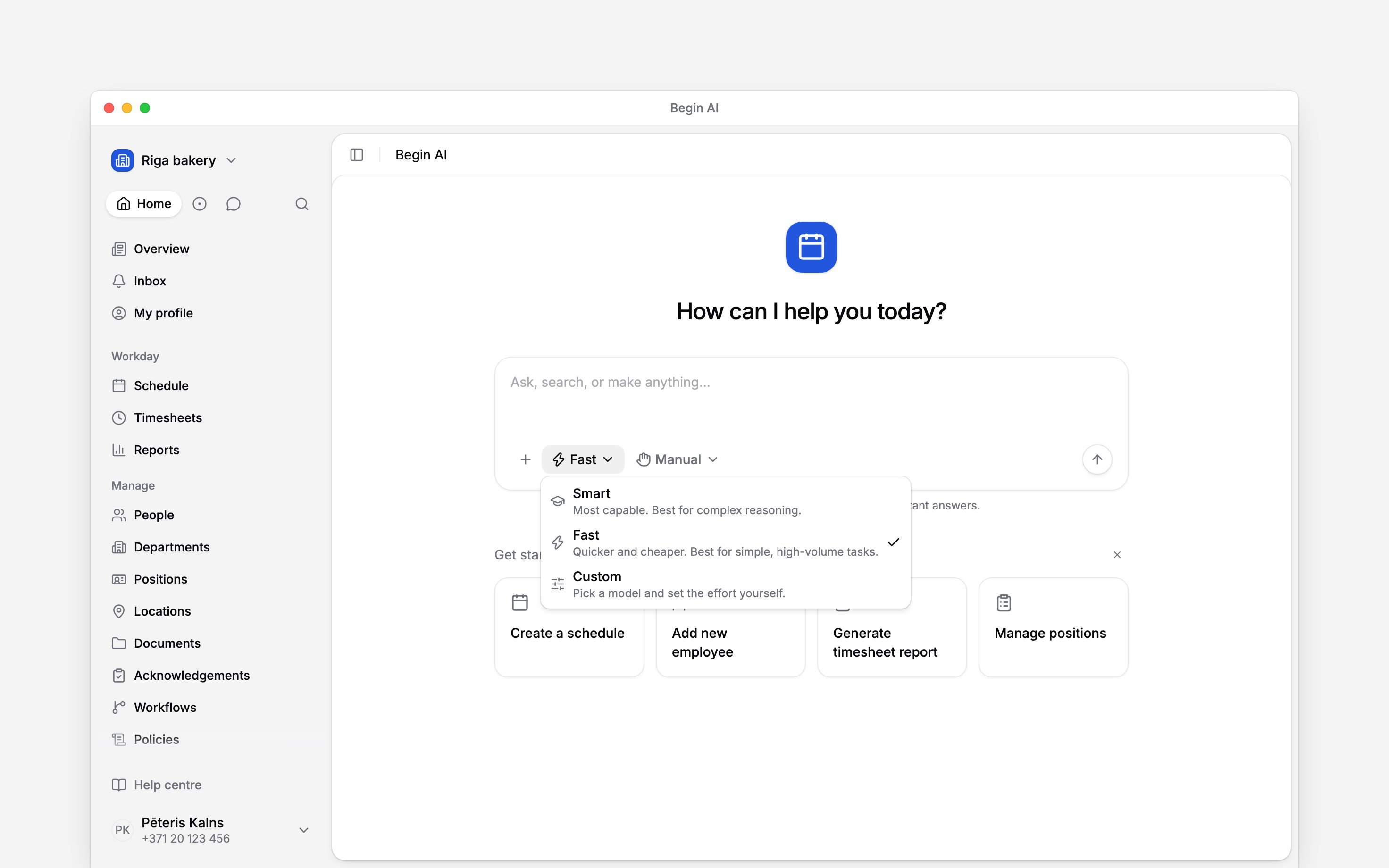 The Begin AI Assistant mode menu showing Fast, Smart and Custom