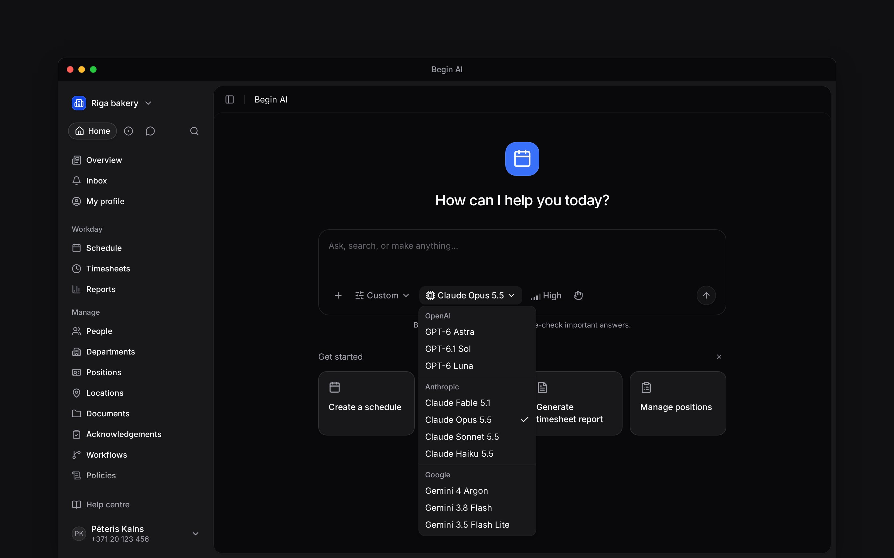 A Custom Begin AI composer with the supported-model menu open and a High effort control