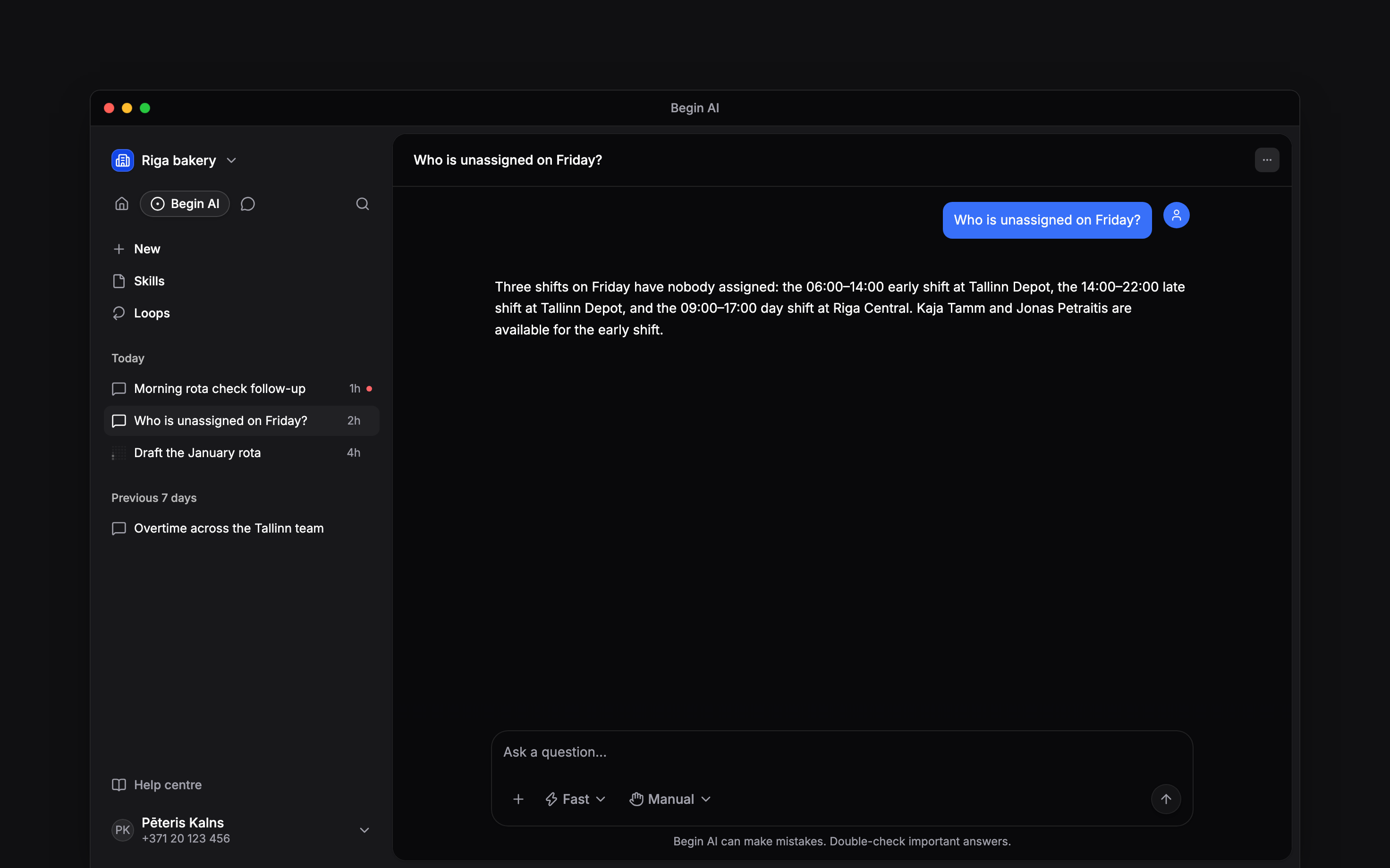 The Begin AI sidebar selected with New, Skills, Loops and dated chats