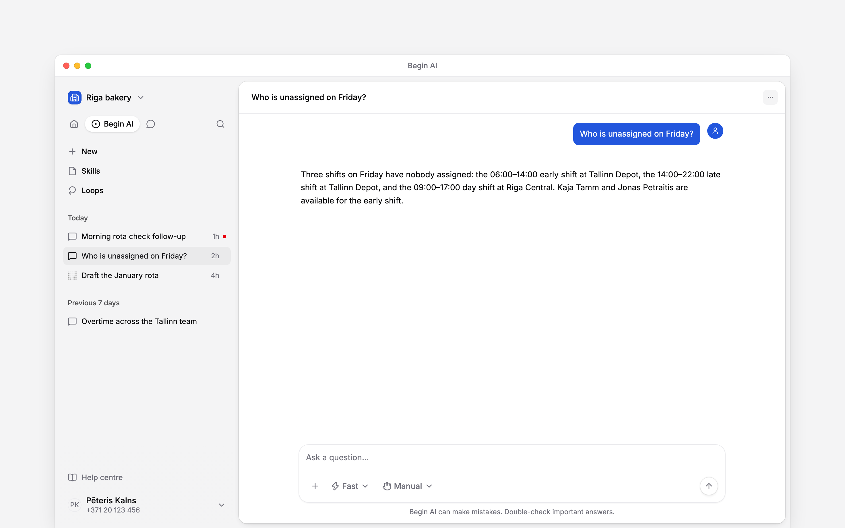 The Begin AI sidebar selected with New, Skills, Loops and dated chats