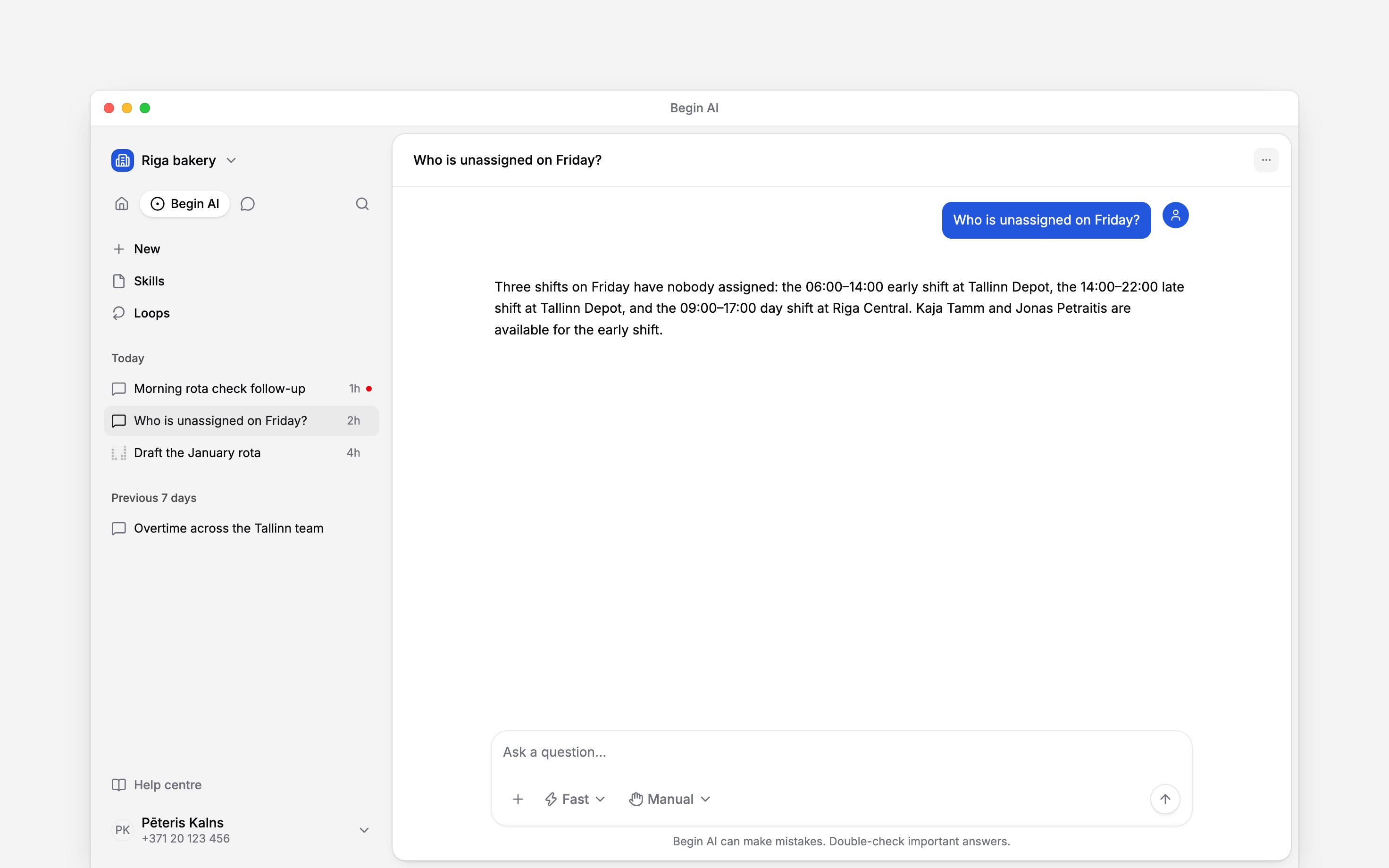 The Begin AI sidebar selected with New, Skills, Loops and dated chats