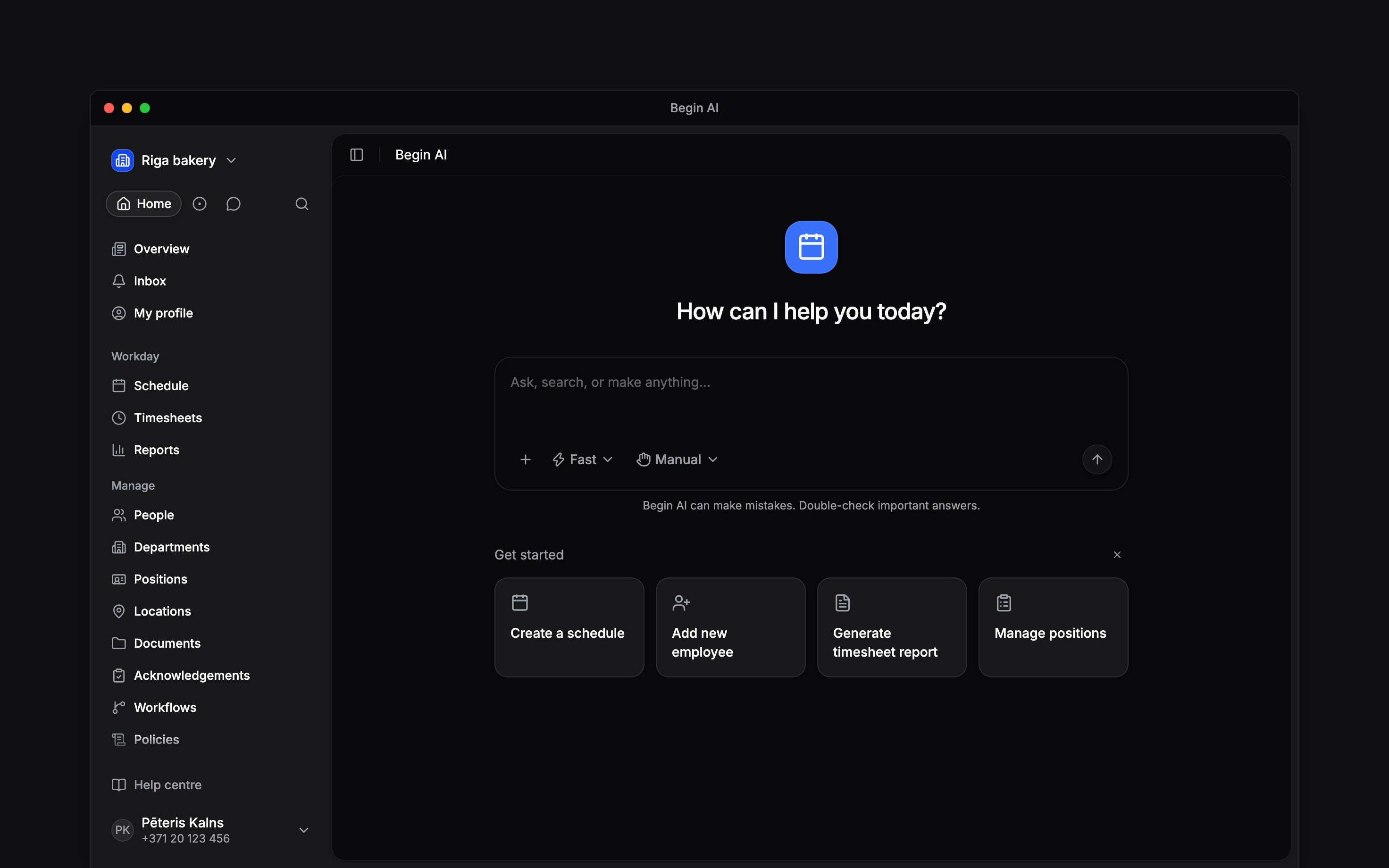 A new Begin AI chat with the composer ready for a question