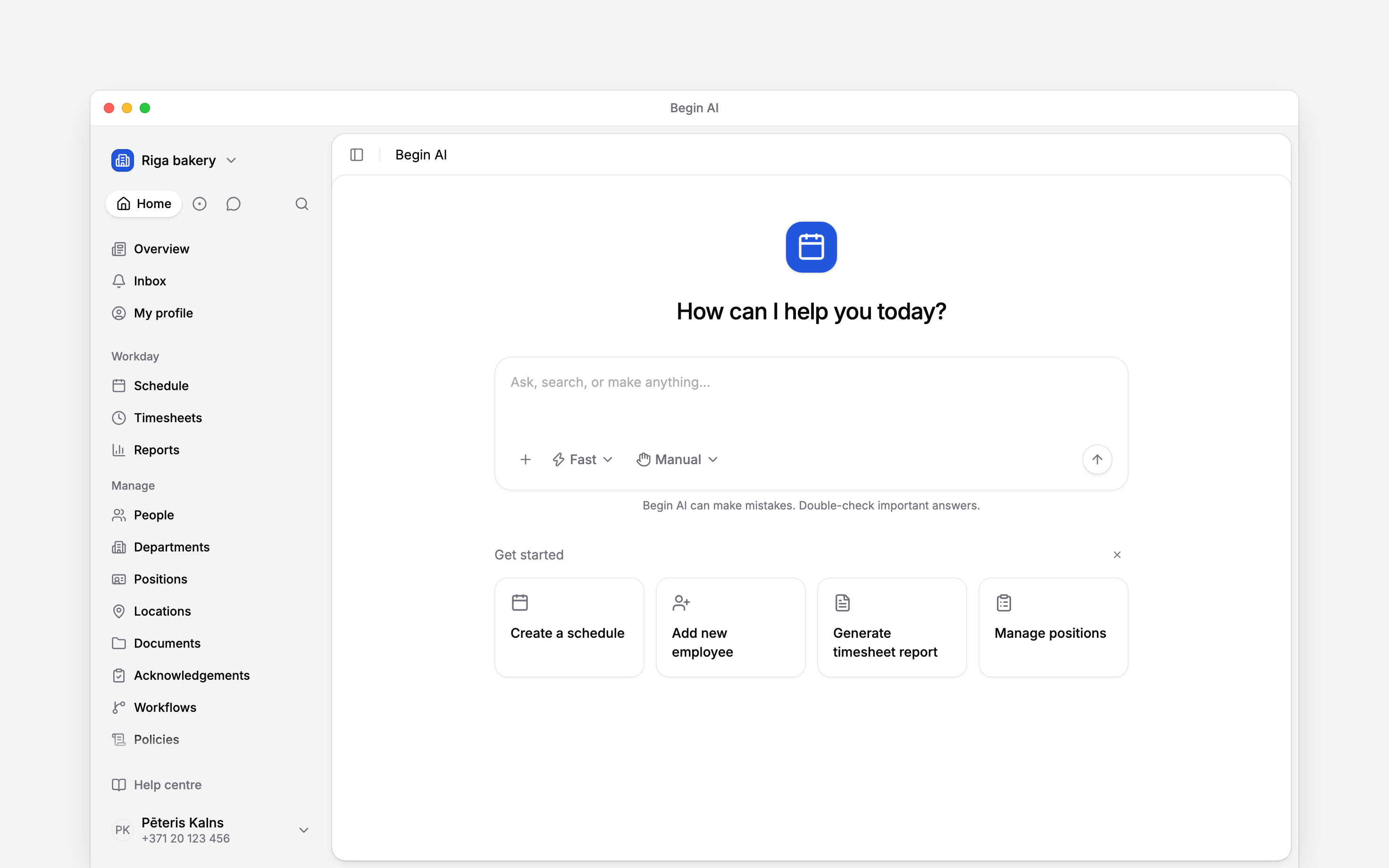 A new Begin AI chat with the composer ready for a question