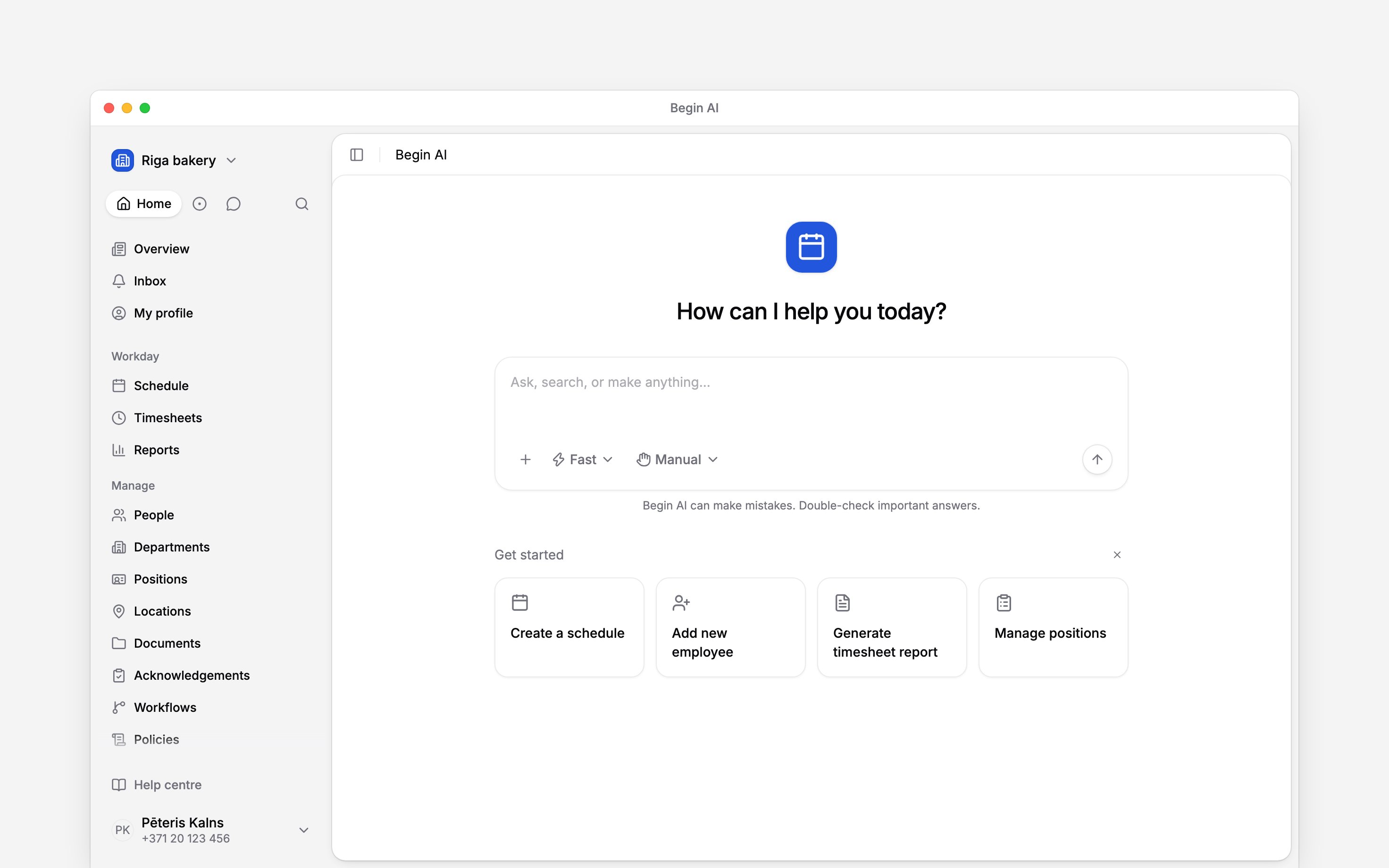 A new Begin AI chat with the composer ready for a question