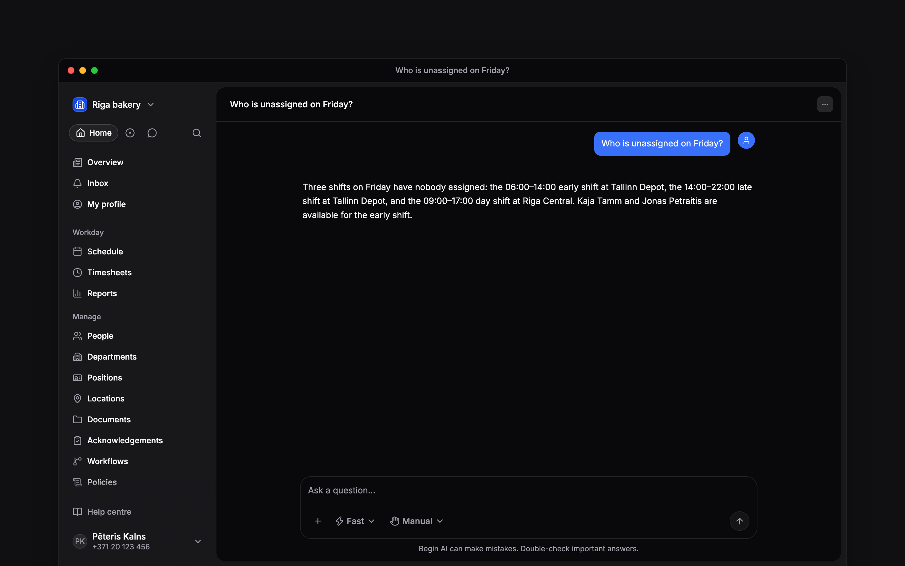 A Begin AI chat answering which Friday shifts are still unassigned