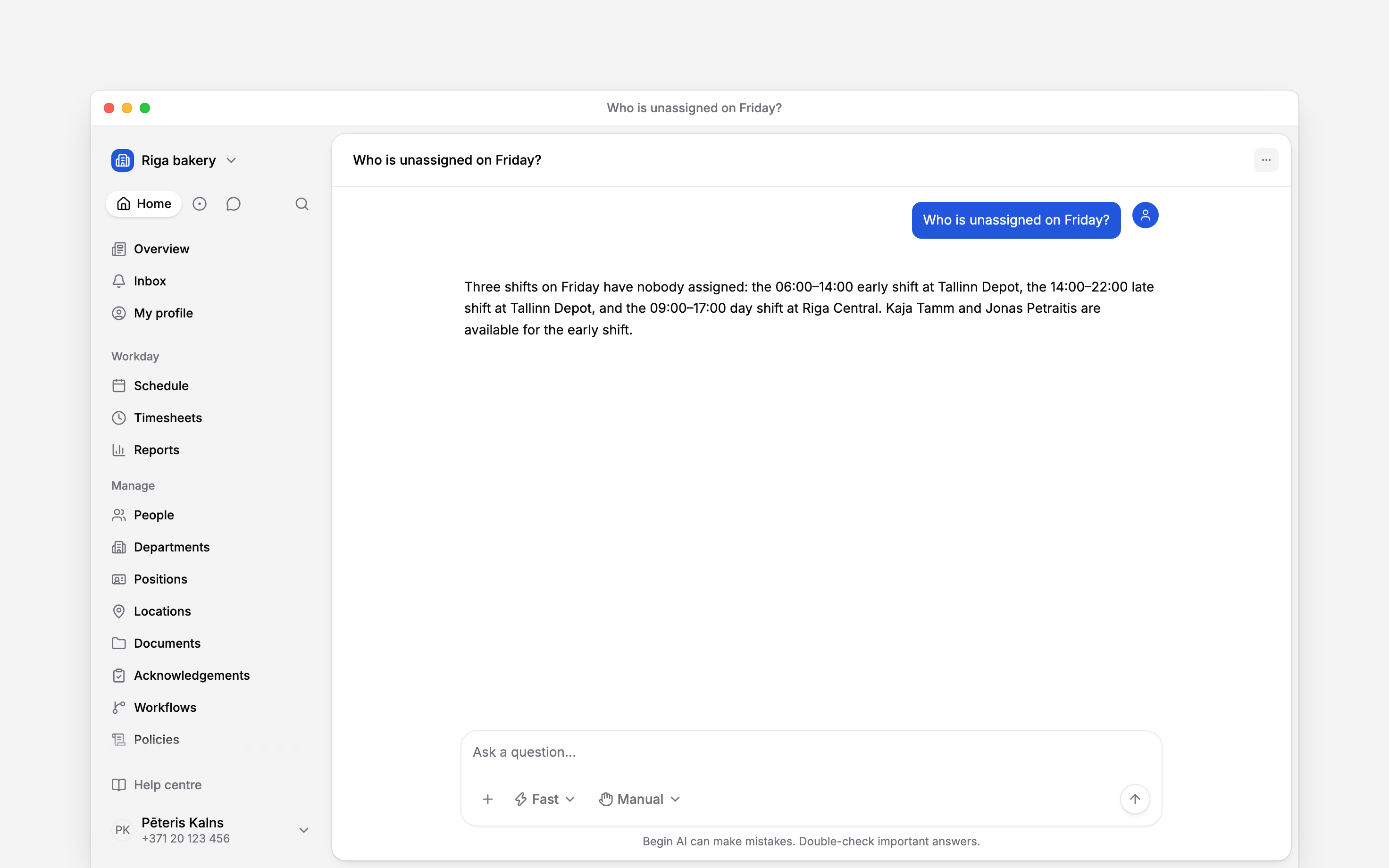 A Begin AI chat answering which Friday shifts are still unassigned