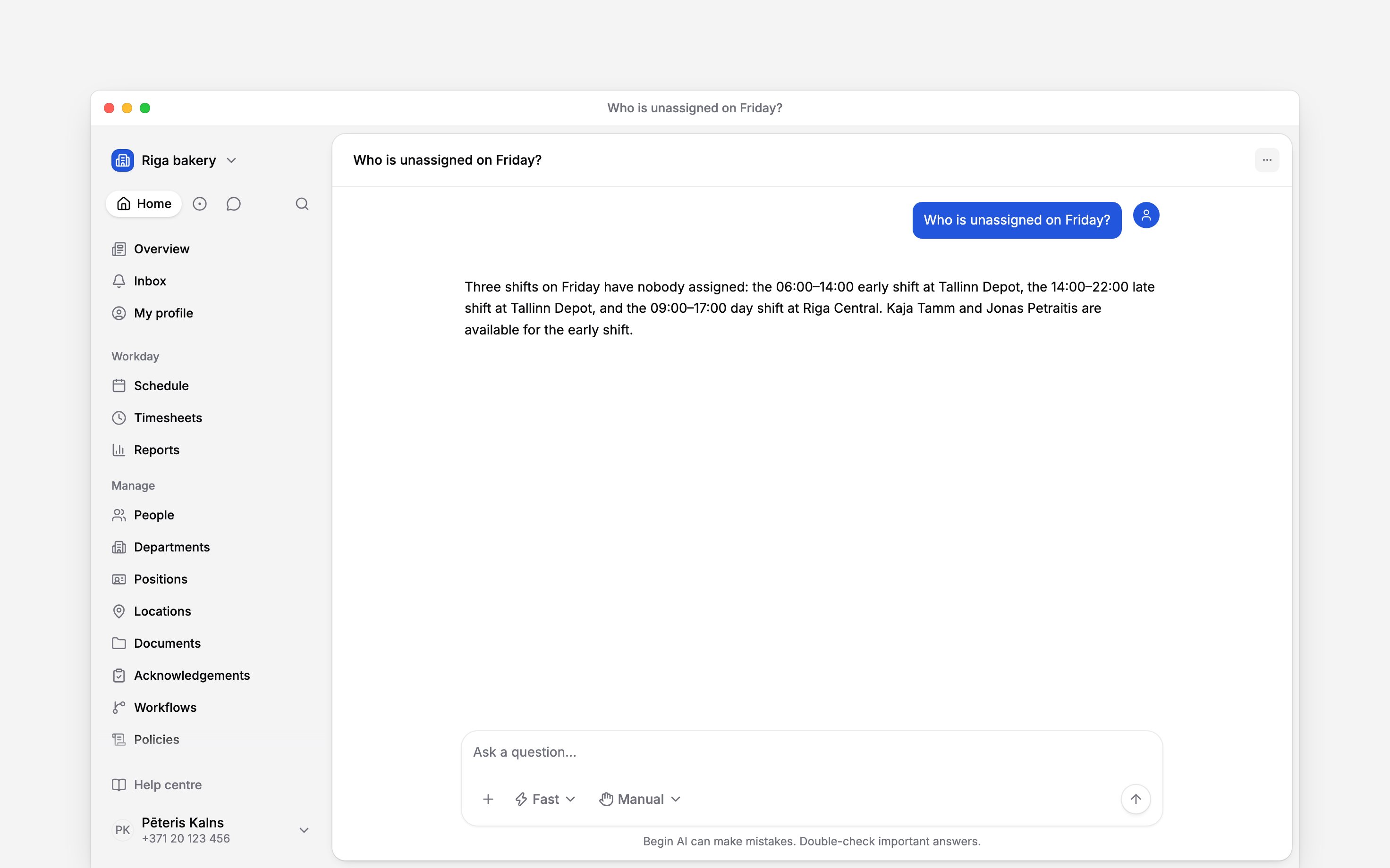 A Begin AI chat answering which Friday shifts are still unassigned