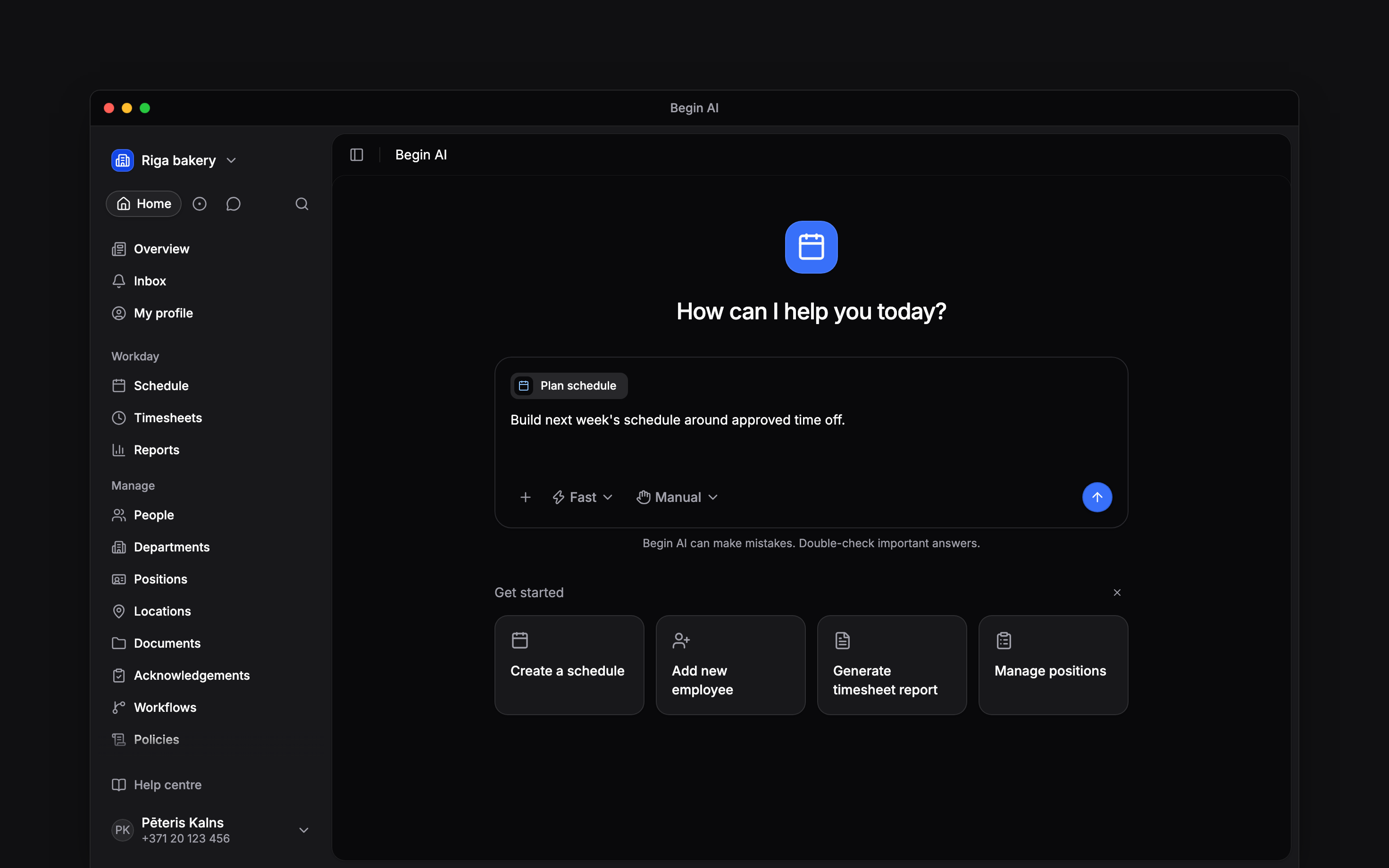 A Begin AI composer with the Plan schedule skill attached above a request
