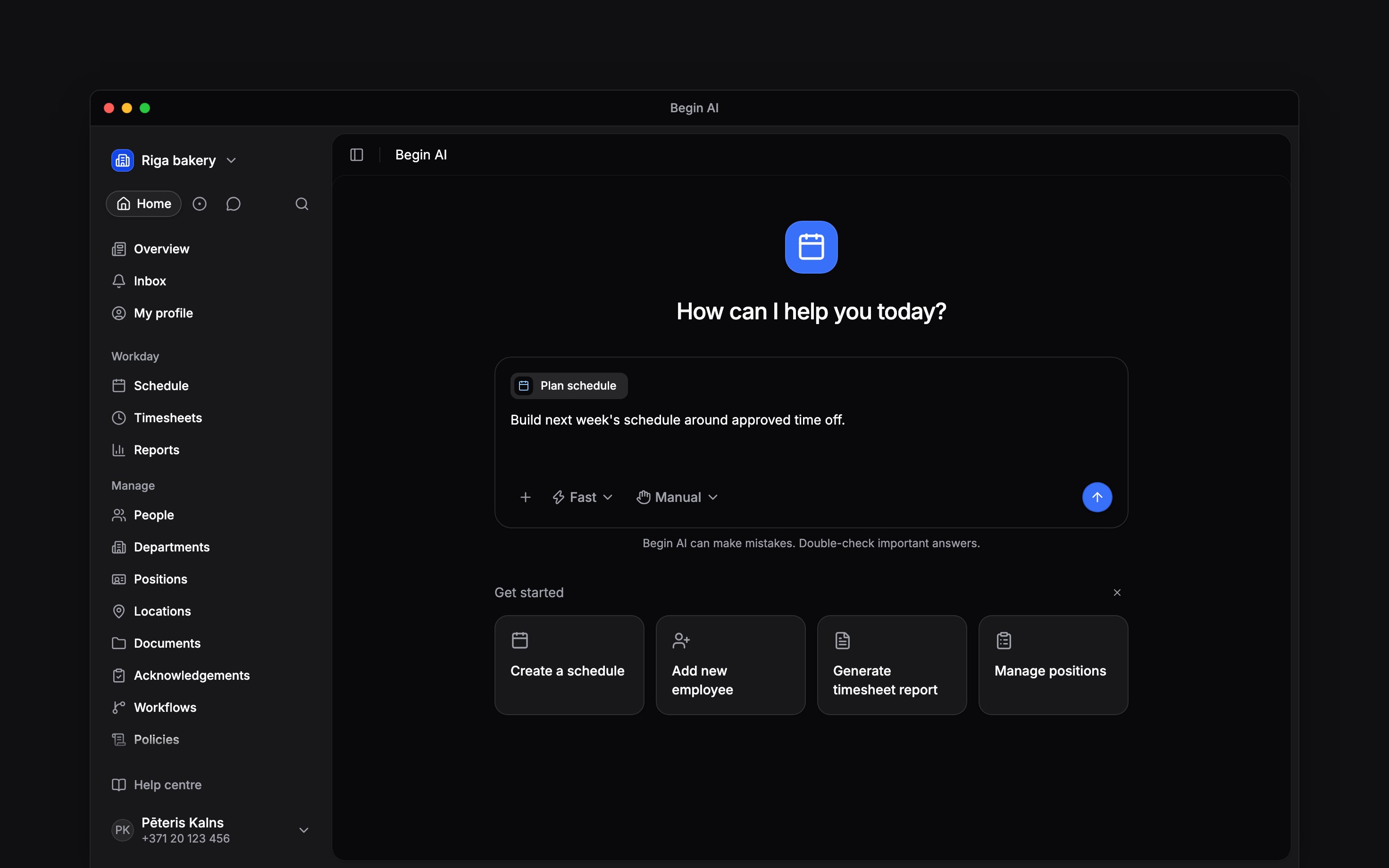 A Begin AI composer with the Plan schedule skill attached above a request