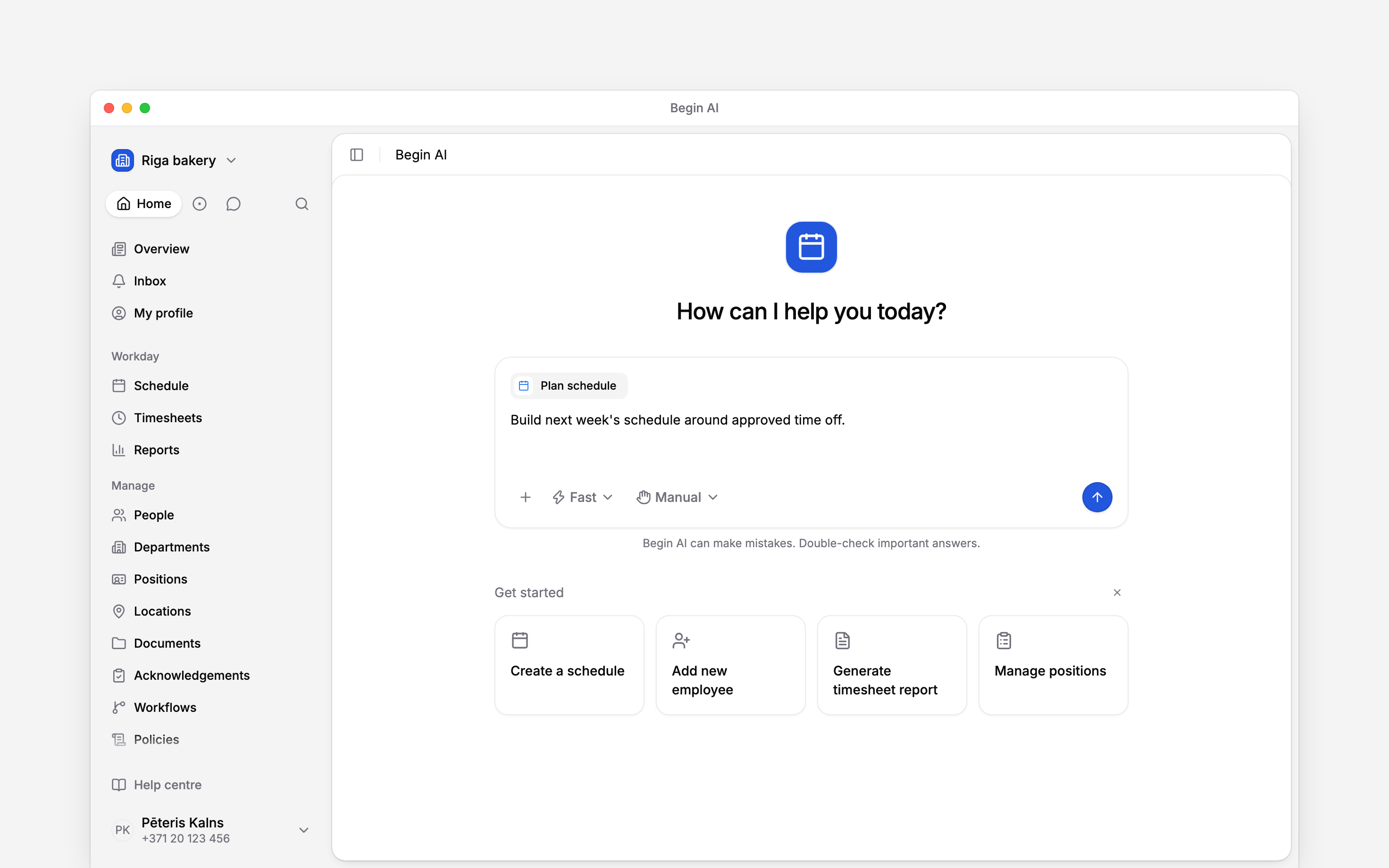 A Begin AI composer with the Plan schedule skill attached above a request