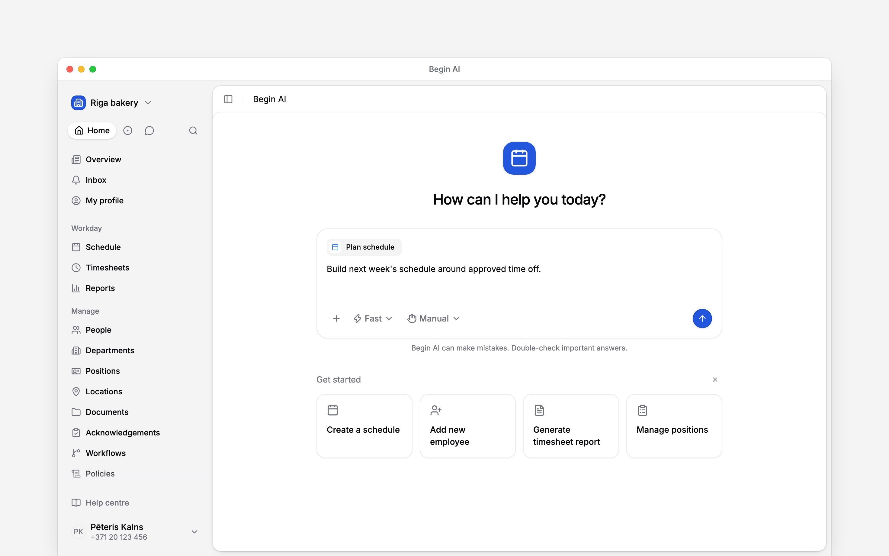 A Begin AI composer with the Plan schedule skill attached above a request