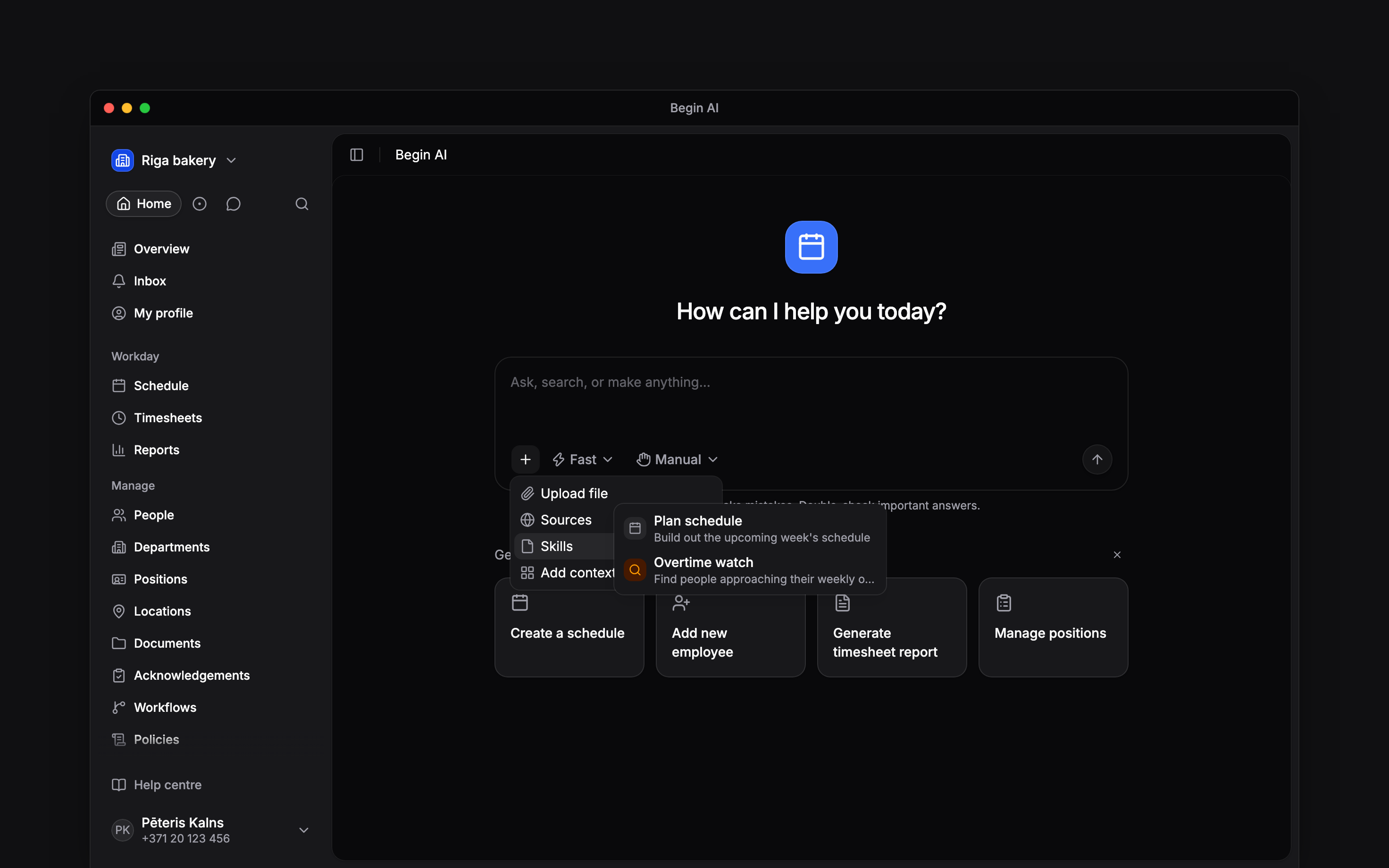 The Begin AI Skills submenu listing schedule planning and overtime review skills